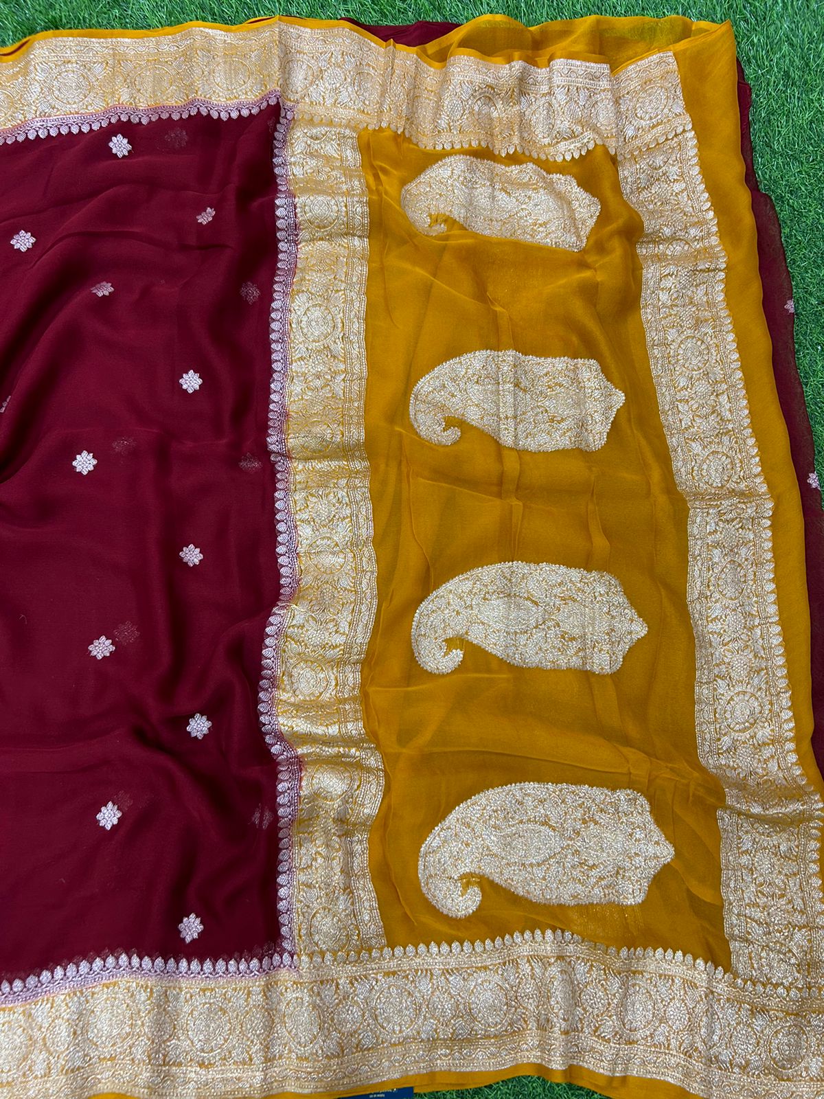 Maroon mustard benaras pure khadi chiffon saree