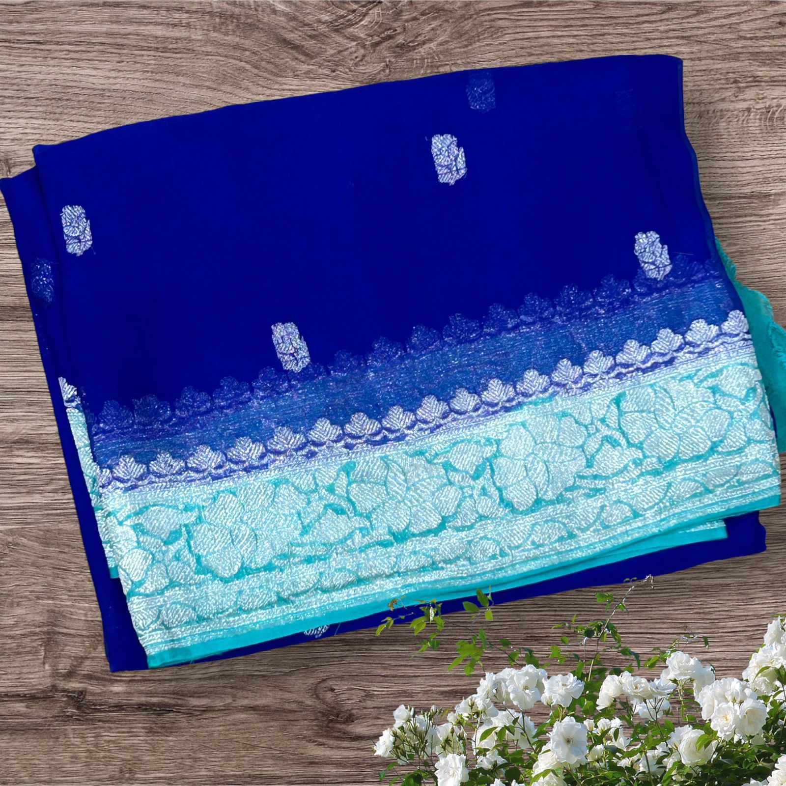 Royal blue Rama blue benaras pure khadi chiffon saree