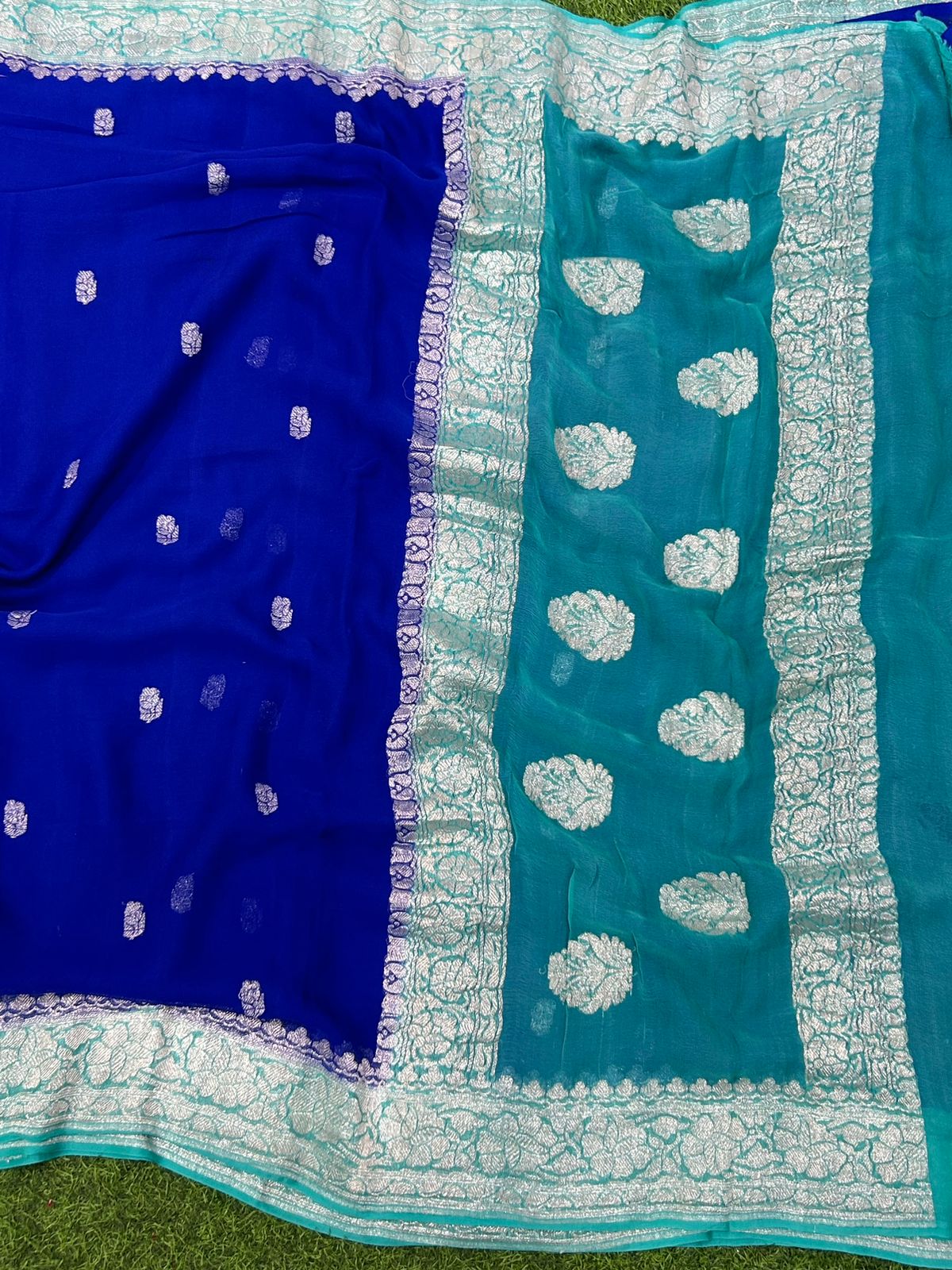 Royal blue Rama blue benaras pure khadi chiffon saree