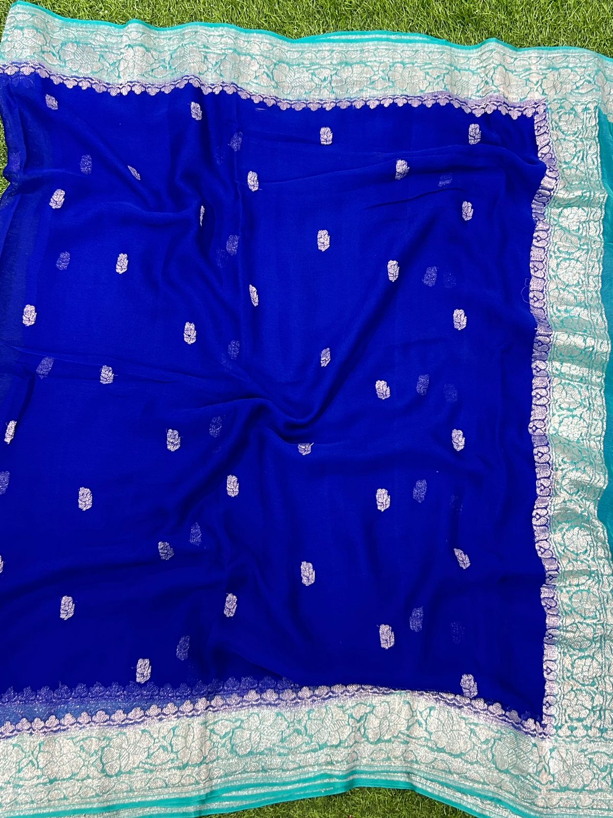 Royal blue Rama blue benaras pure khadi chiffon saree
