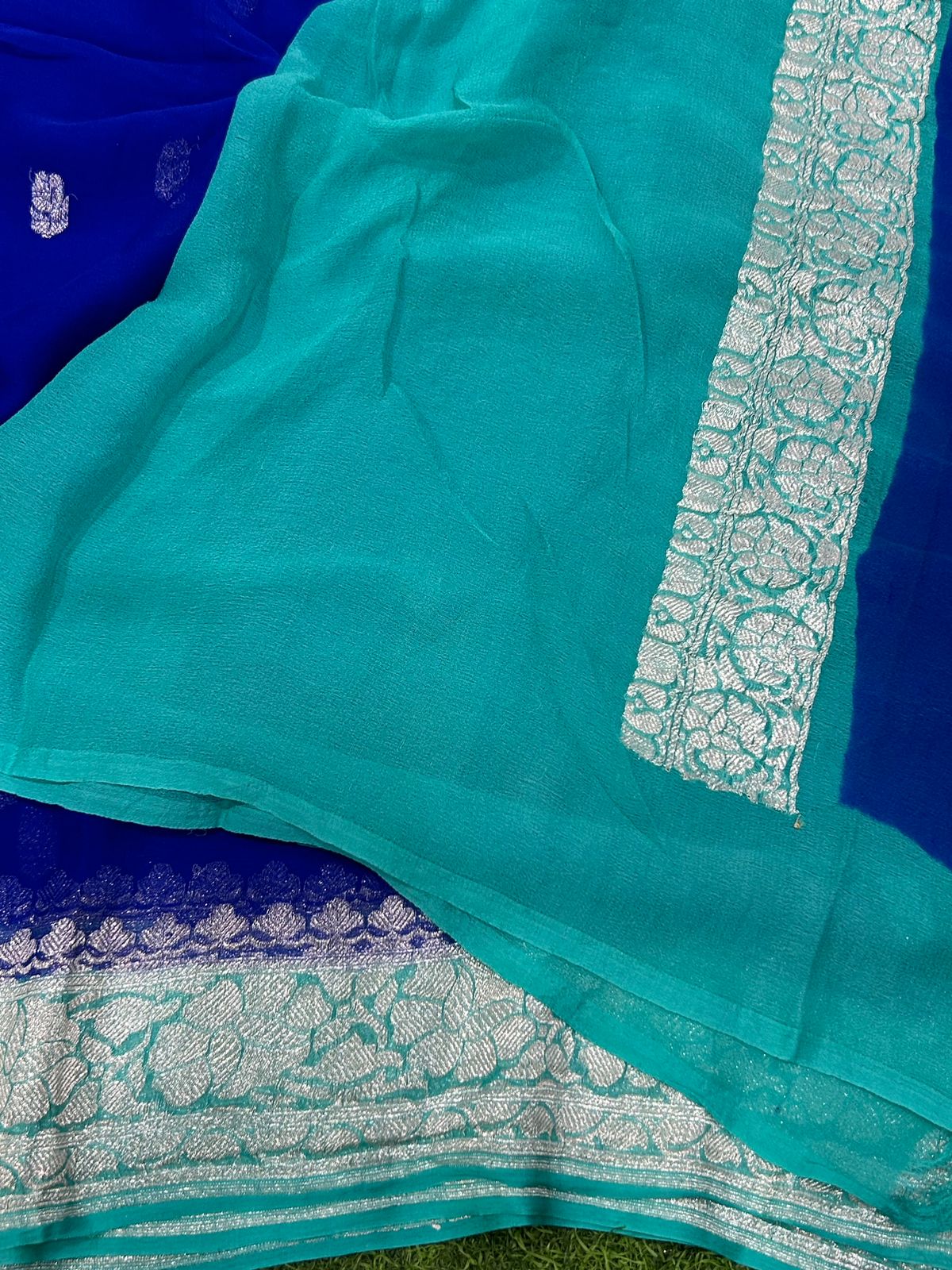 Royal blue Rama blue benaras pure khadi chiffon saree