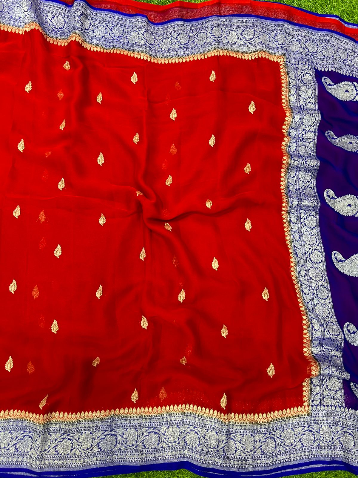 Red purple benaras pure khadi chiffon saree