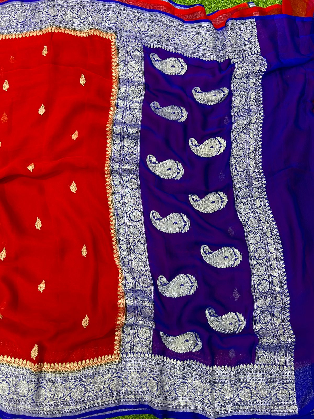 Red purple benaras pure khadi chiffon saree