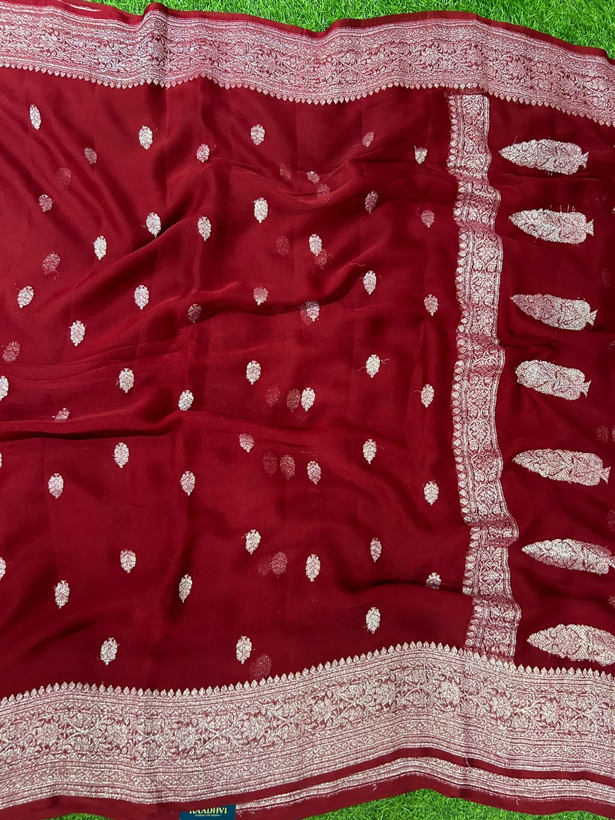 Bright red benaras pure khadi chiffon saree