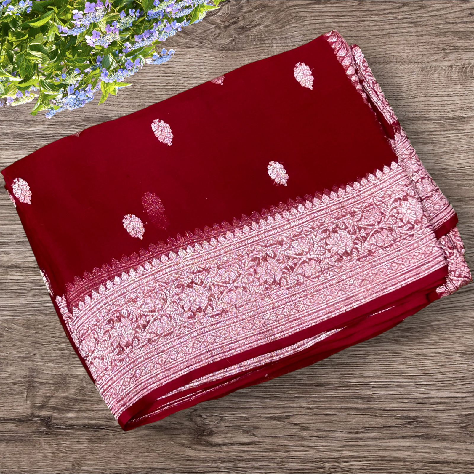 Bright red benaras pure khadi chiffon saree