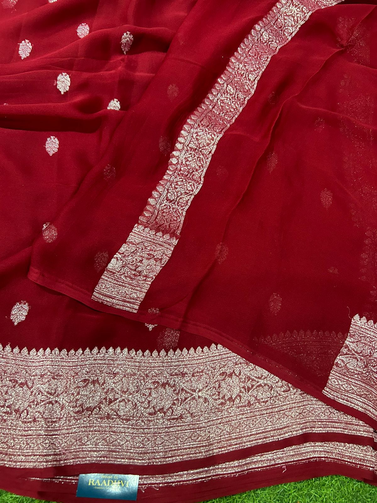Bright red benaras pure khadi chiffon saree