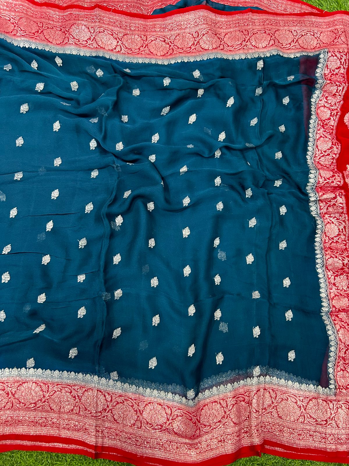 Peacock blue red 01 benaras pure khadi chiffon saree