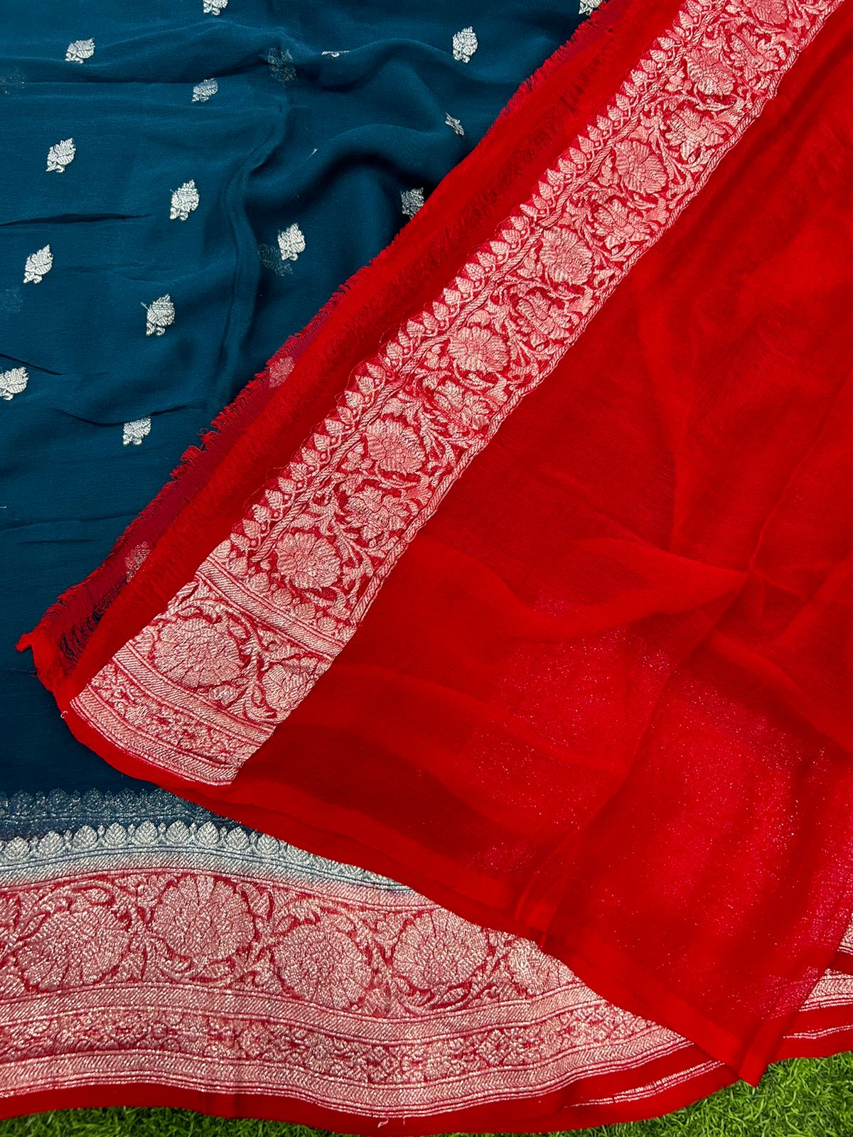 Peacock blue red 01 benaras pure khadi chiffon saree