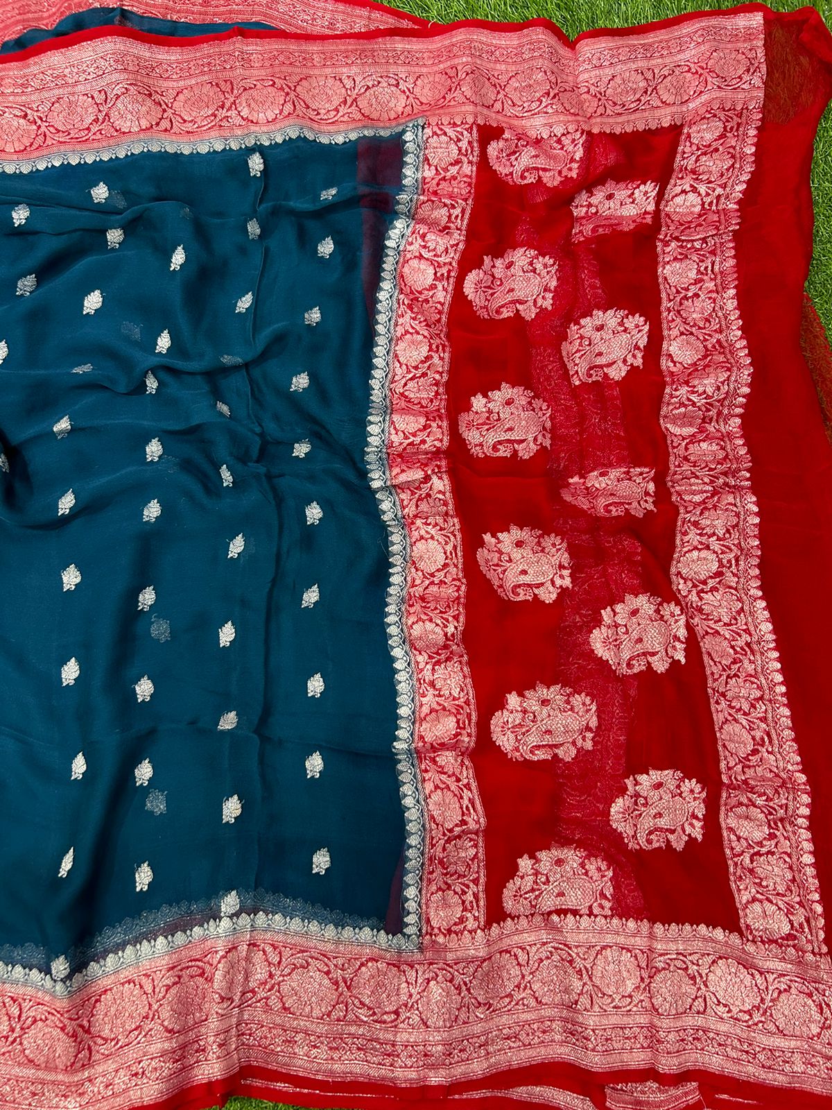 Peacock blue red 01 benaras pure khadi chiffon saree