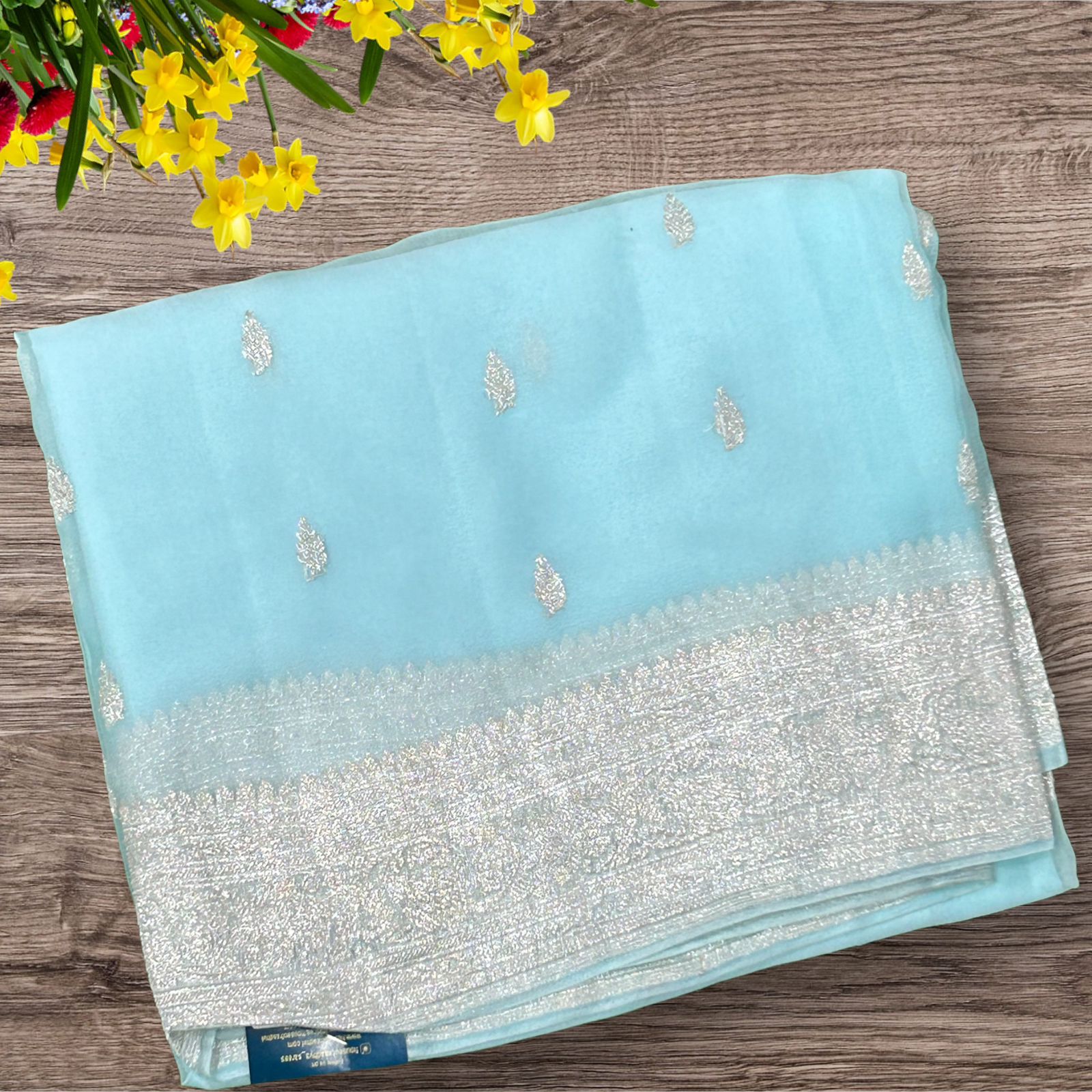 Sky blue benaras pure khadi chiffon saree