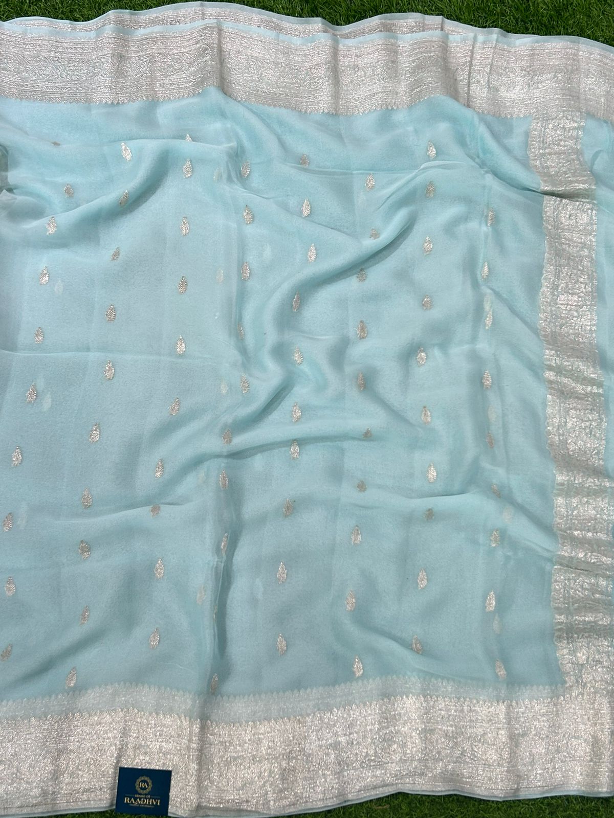 Sky blue benaras pure khadi chiffon saree