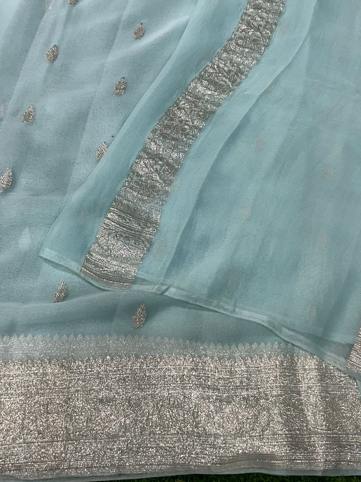Sky blue benaras pure khadi chiffon saree