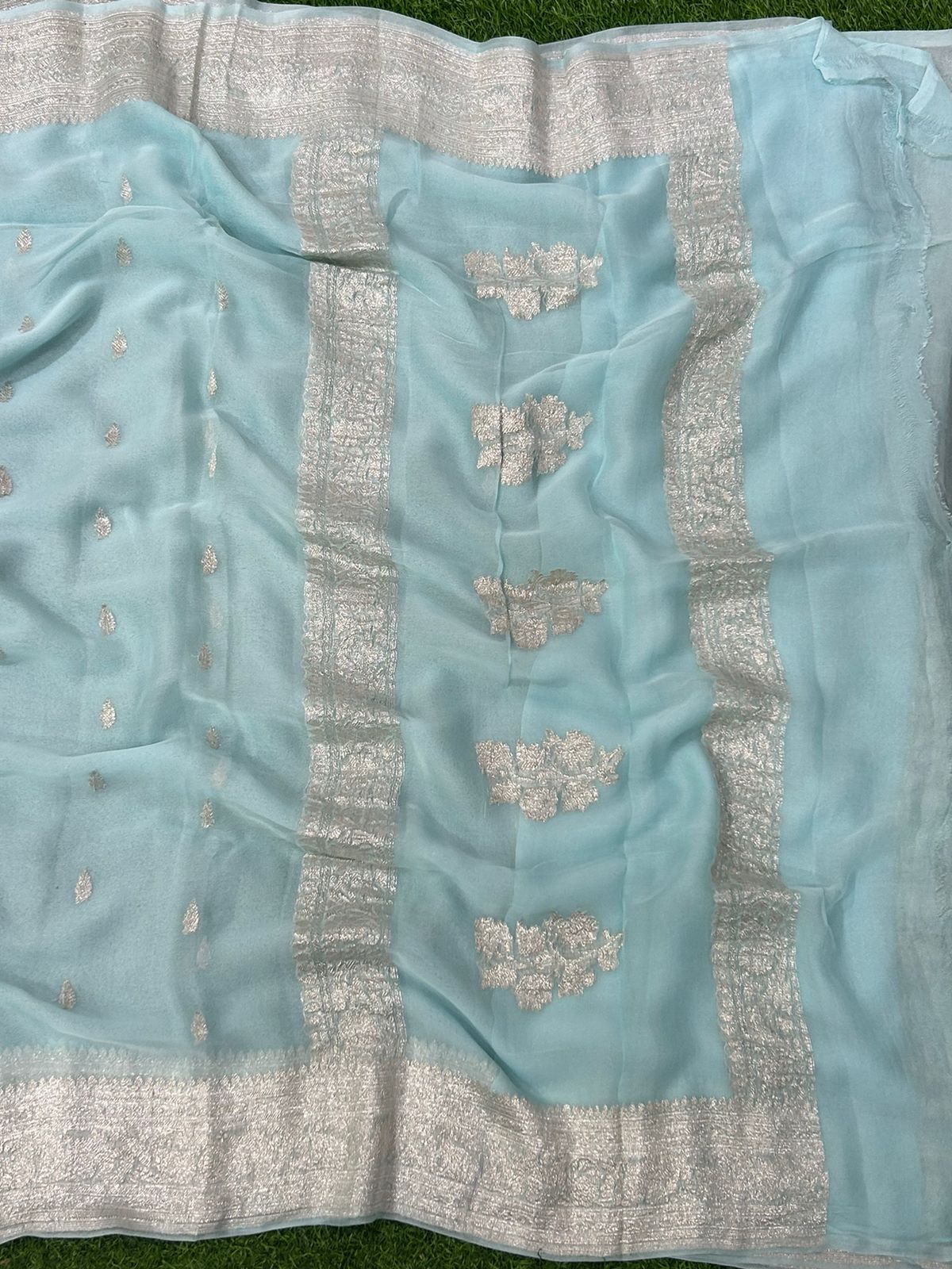 Sky blue benaras pure khadi chiffon saree