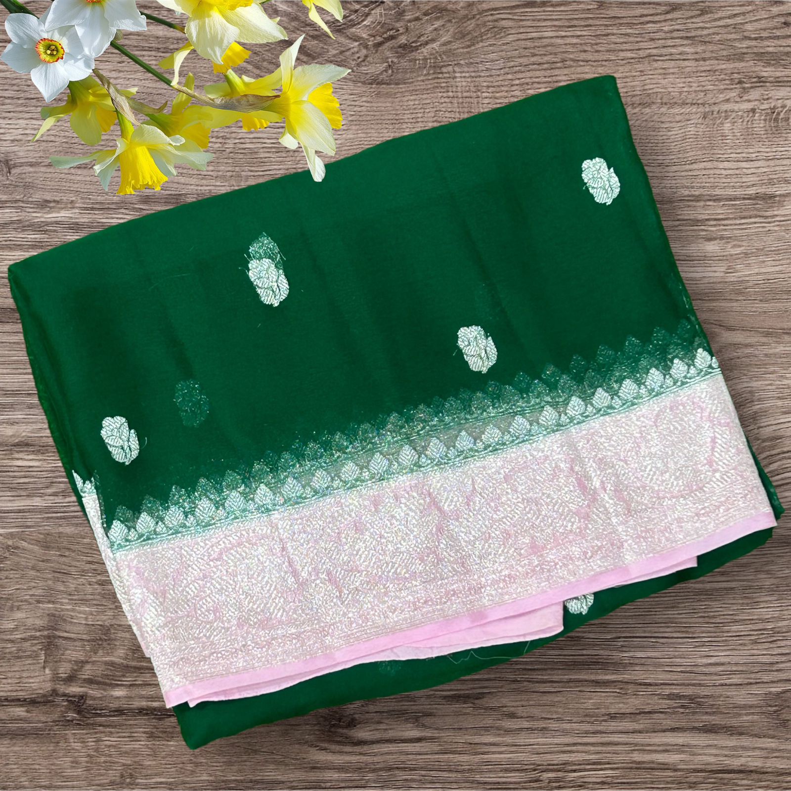 Bottle green n baby pink benaras pure khadi chiffon saree