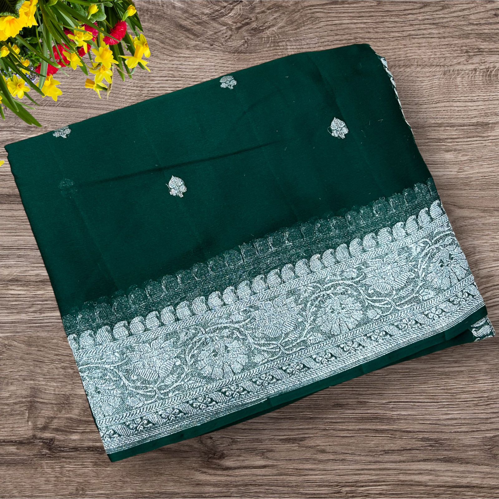 Bottle green benaras pure chiffon saree
