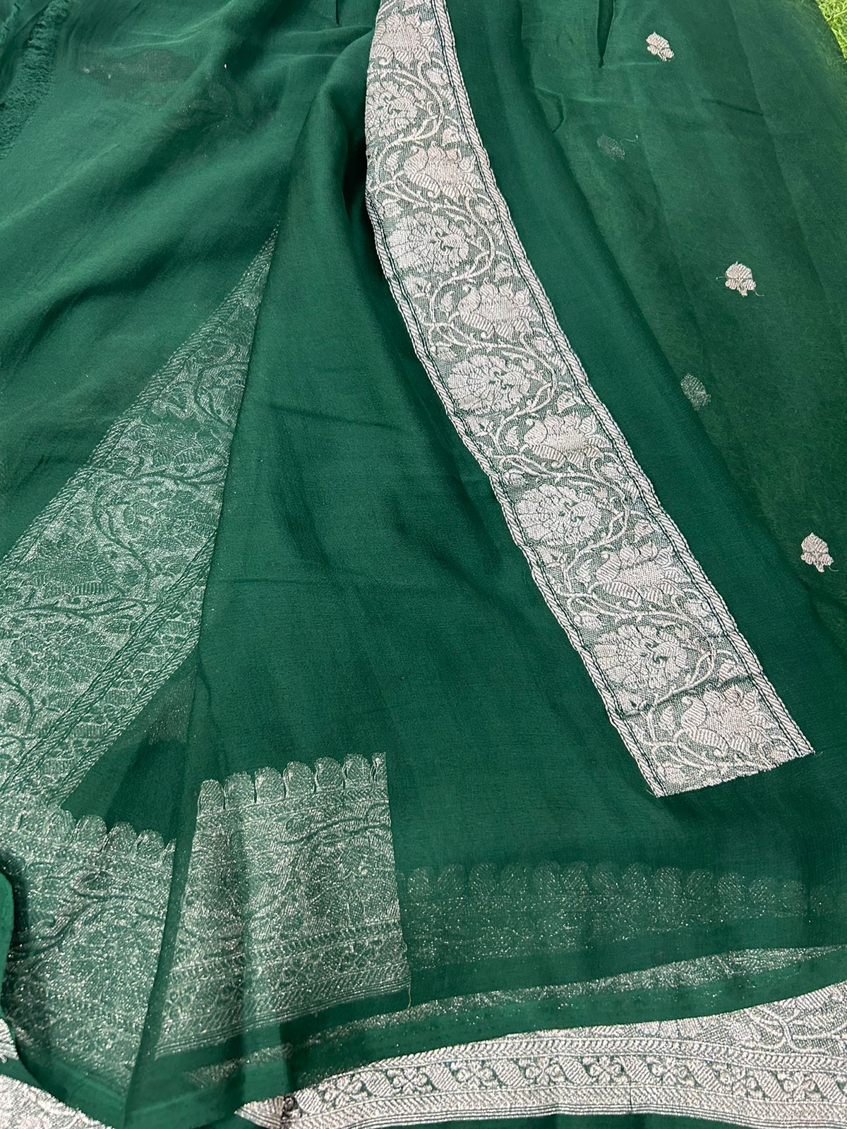 Bottle green benaras pure chiffon saree