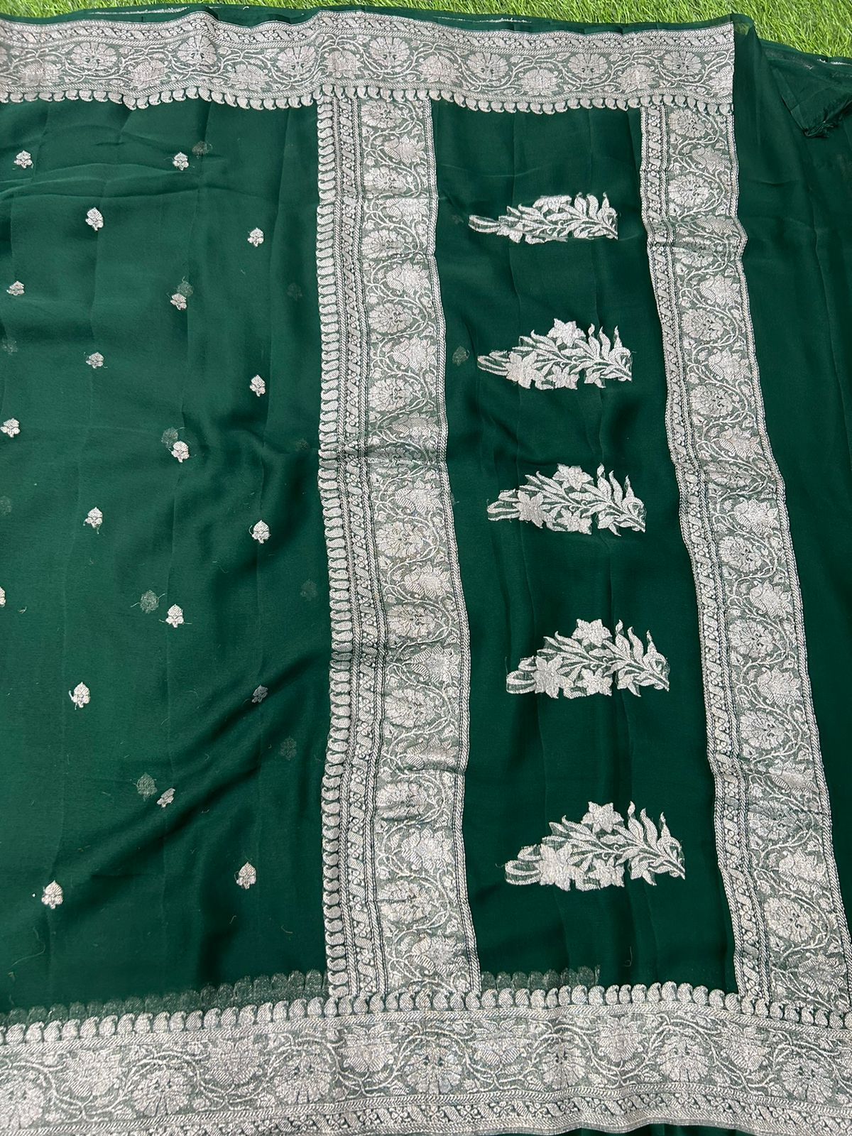 Bottle green benaras pure chiffon saree