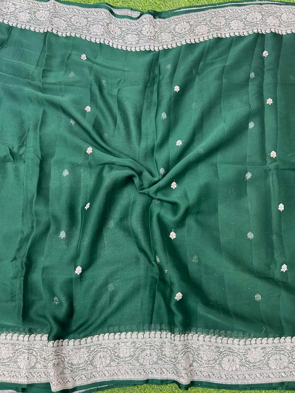 Bottle green benaras pure chiffon saree