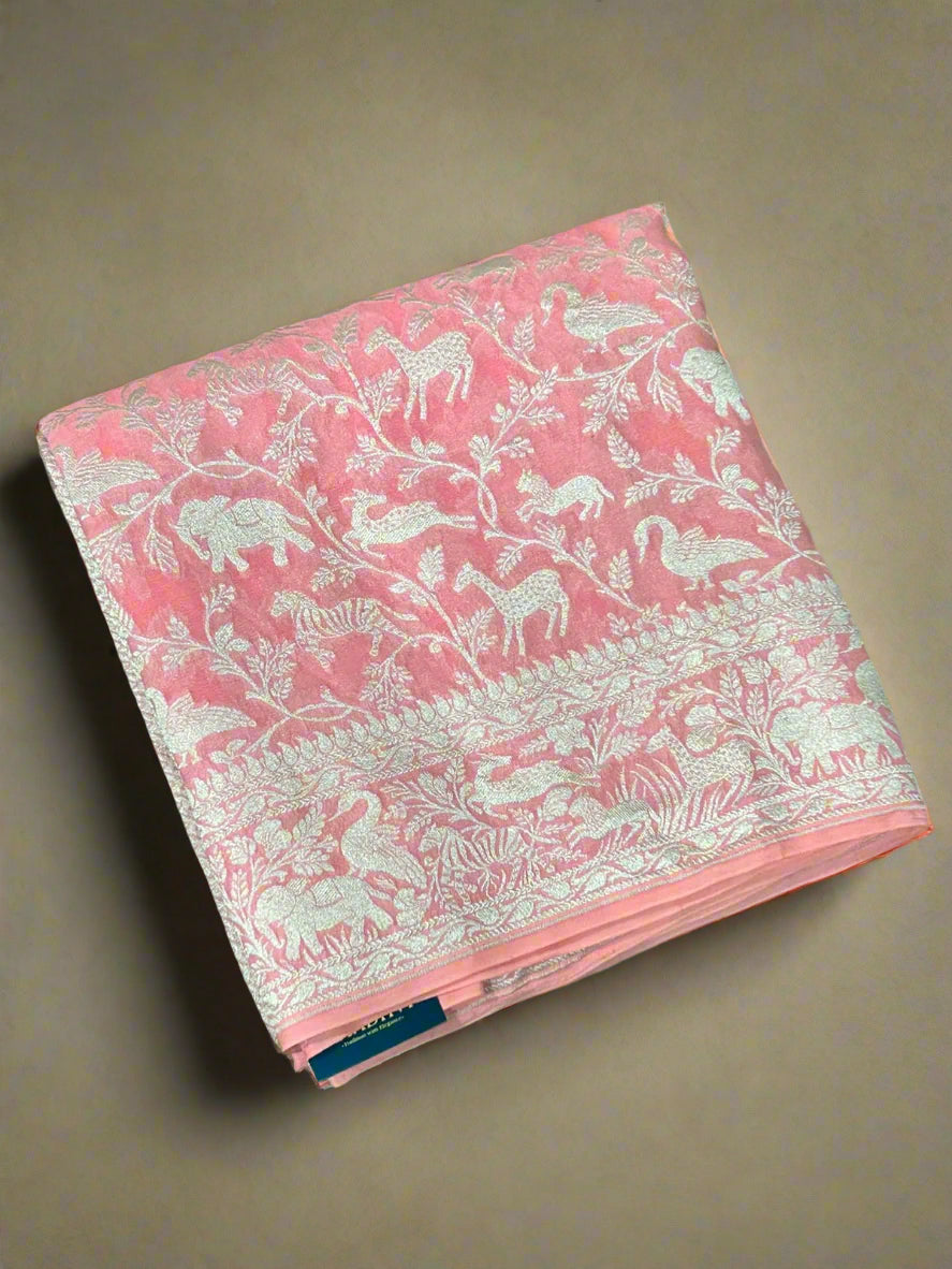 Baby pink silver zari pure georgette banarasi silk saree