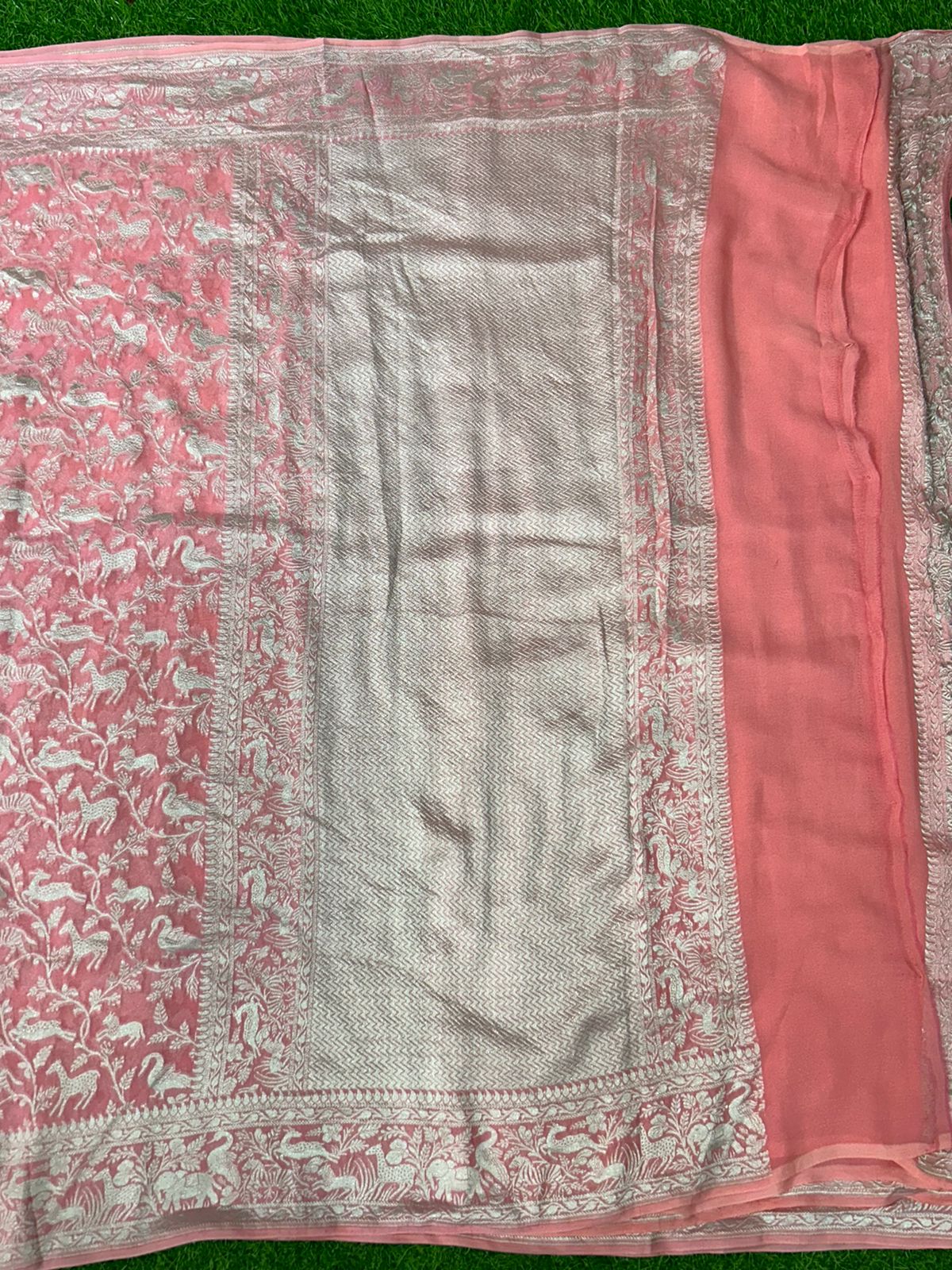 Baby pink silver zari pure georgette banarasi silk saree