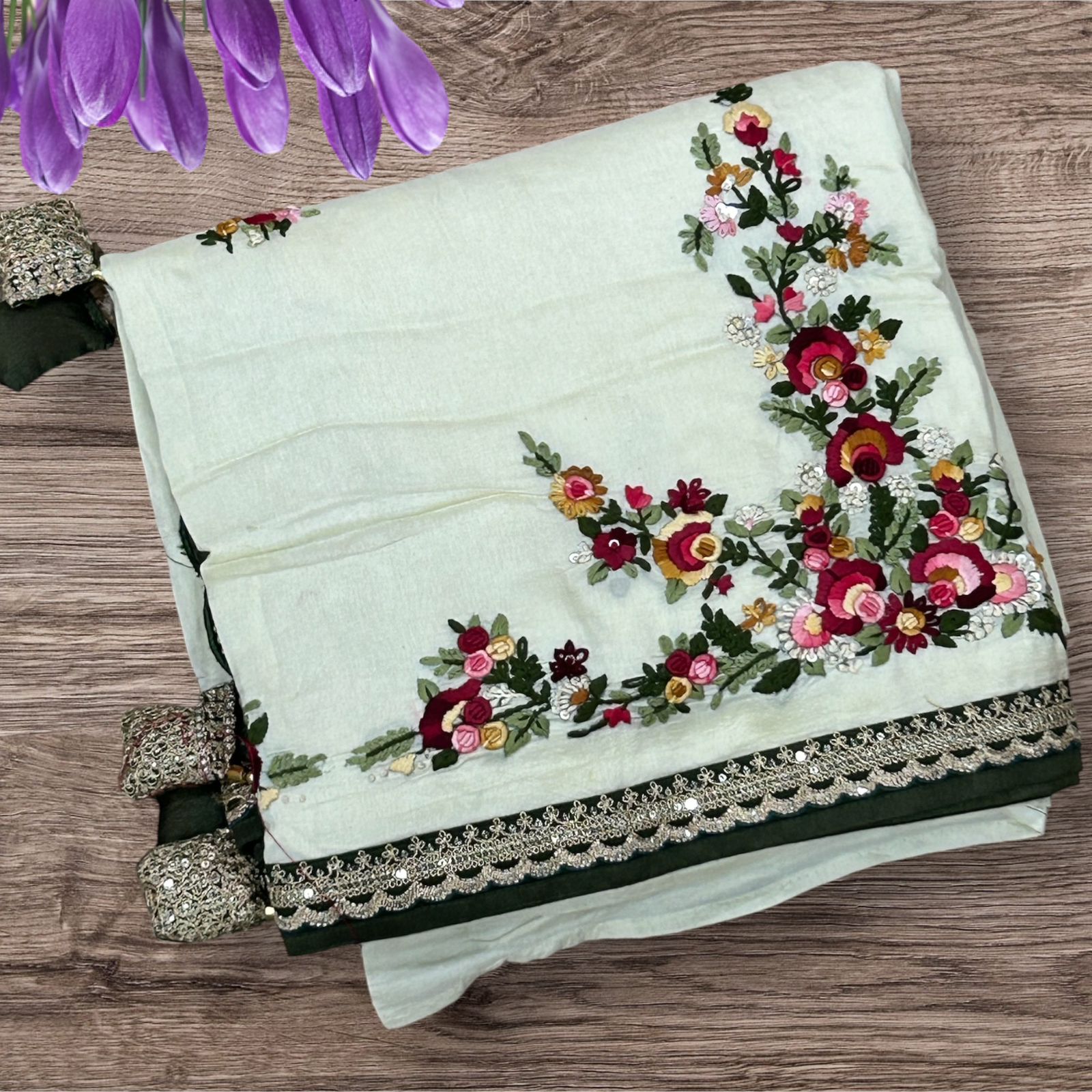 Pastel yellow crepe designer knot work saree