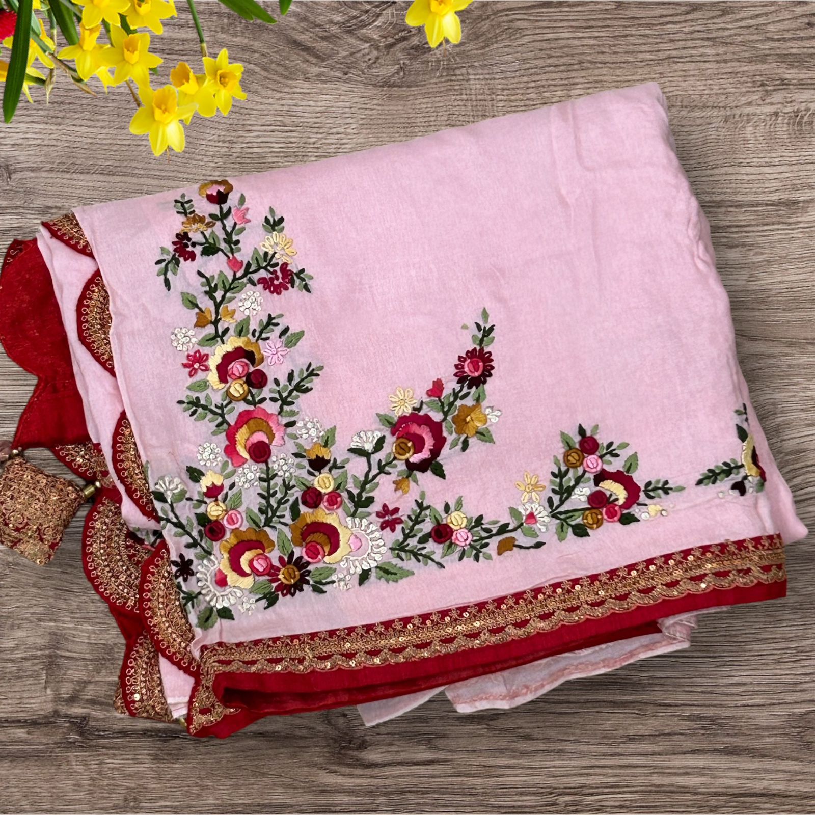 Baby pink crepe designer knot work saree