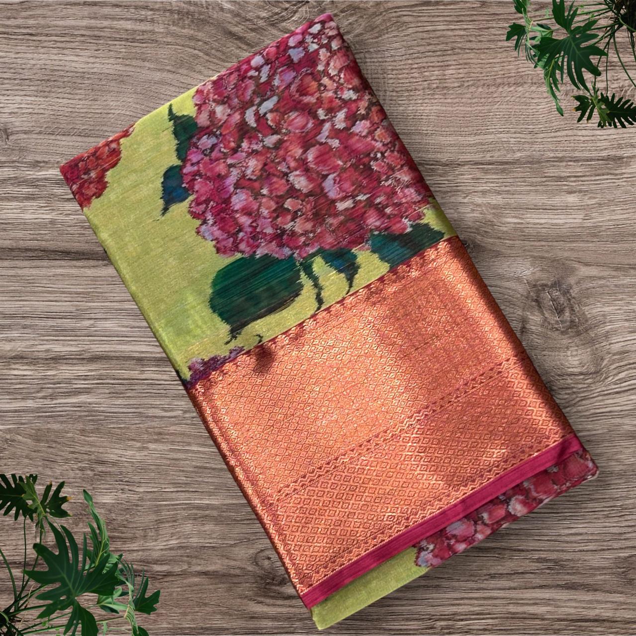 Green kalamkari printed Silk Saree