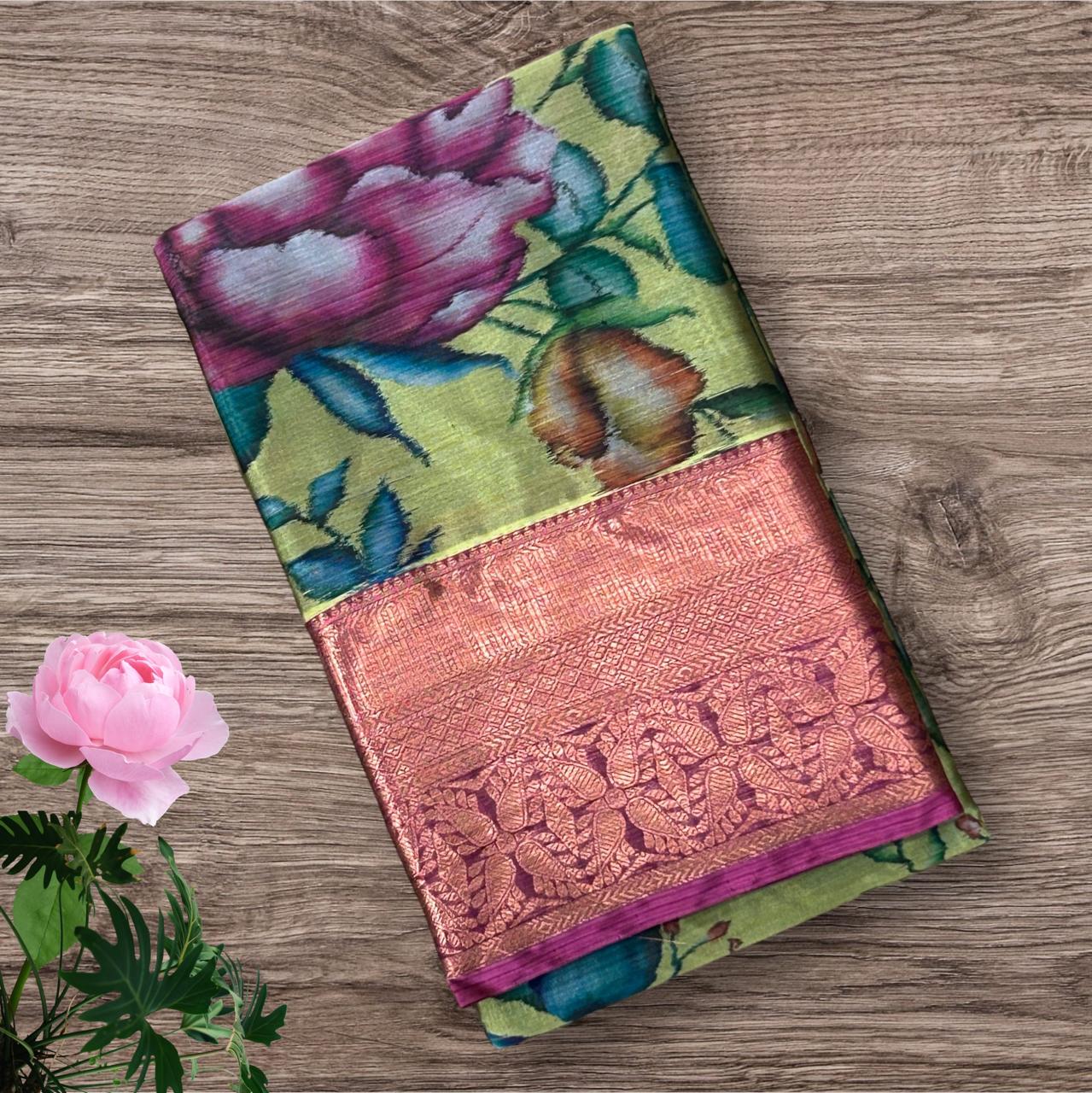 Pista Green kalamkari printed Silk Saree