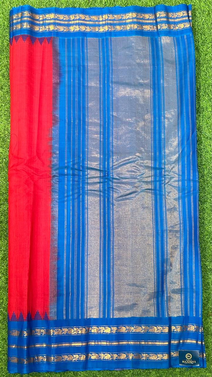 Red n blue pure handloom cotton gadwal silk saree