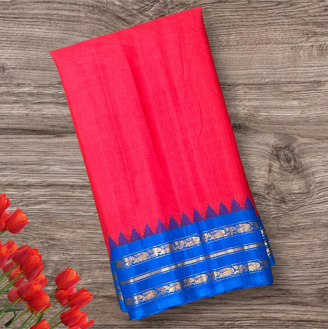 Red n blue pure handloom cotton gadwal silk saree