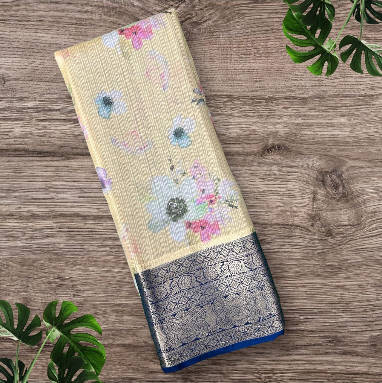 Beige n blue printed warm silk saree