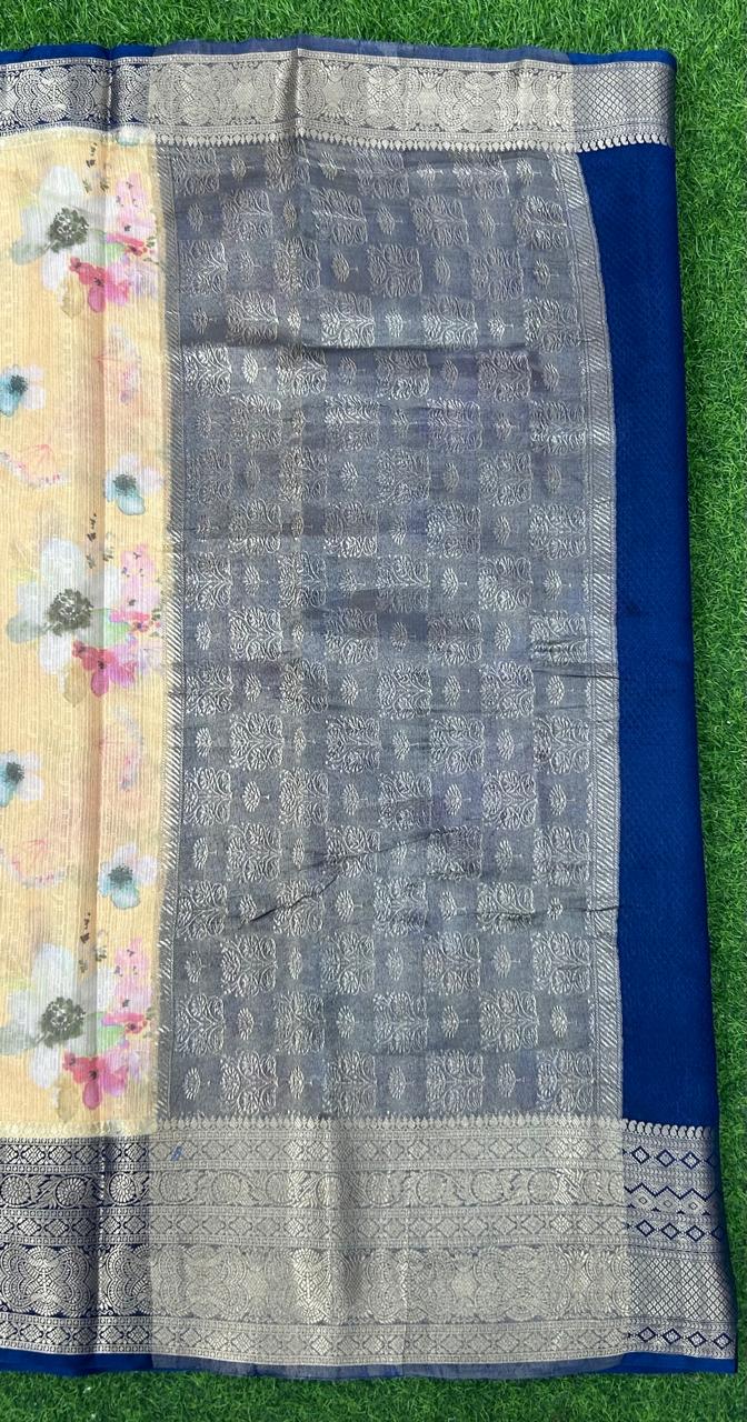 Beige n blue printed warm silk saree