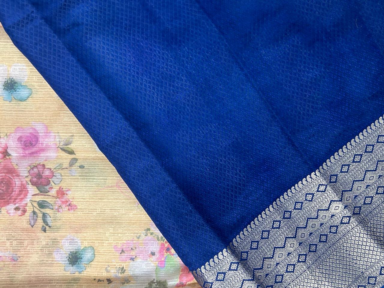 Beige n blue printed warm silk saree