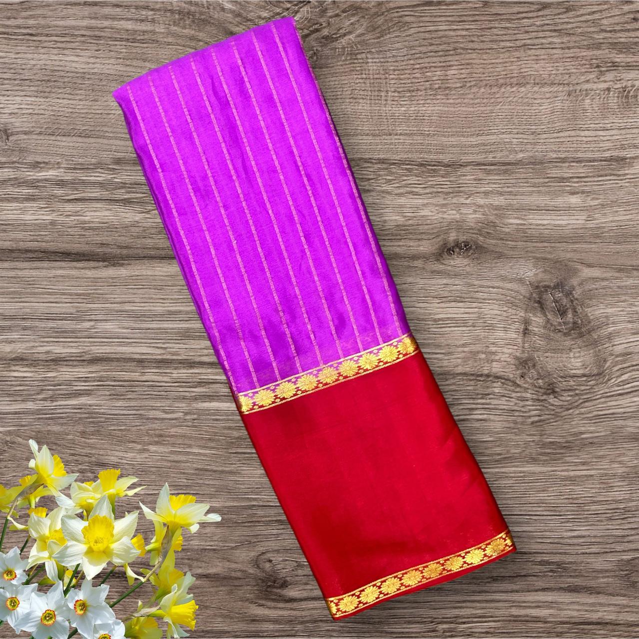 Dark purple n pink border pure wrinkle crepe silk saree