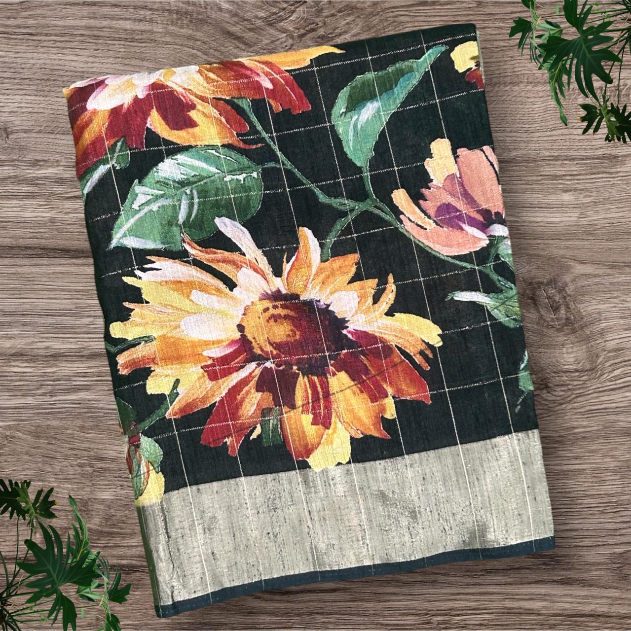 Black checks printed tussar saree