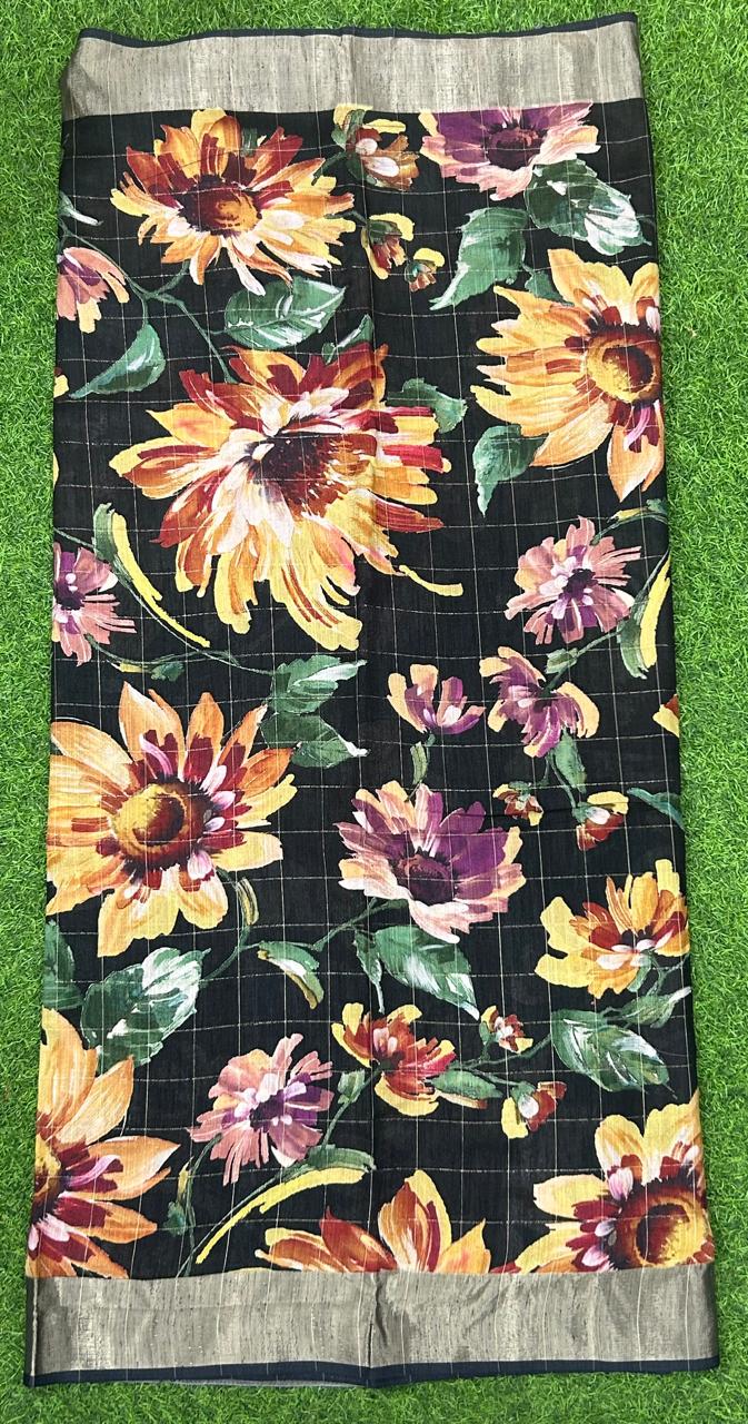 Black checks printed tussar saree