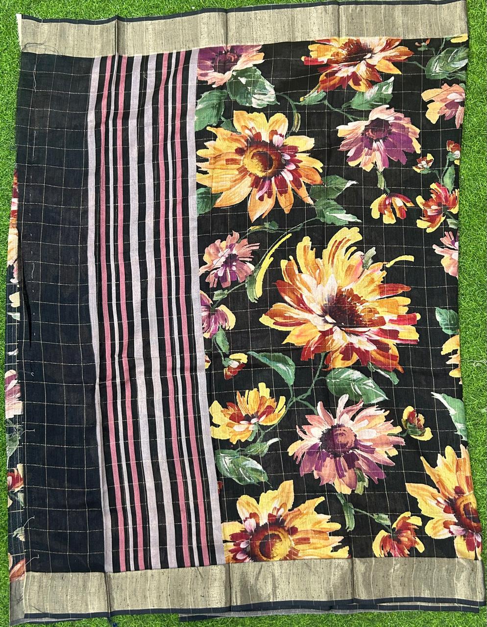 Black checks printed tussar saree