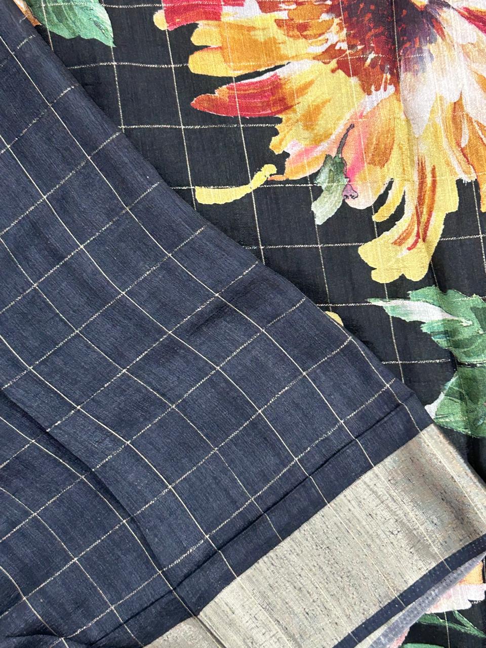 Black checks printed tussar saree