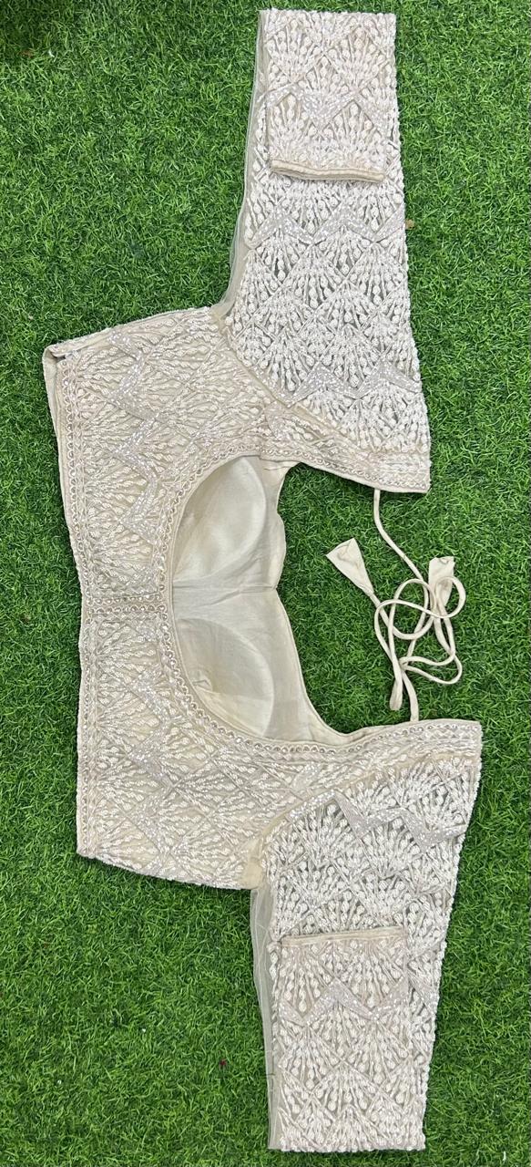 White stitched blouse designer party wear organza saree