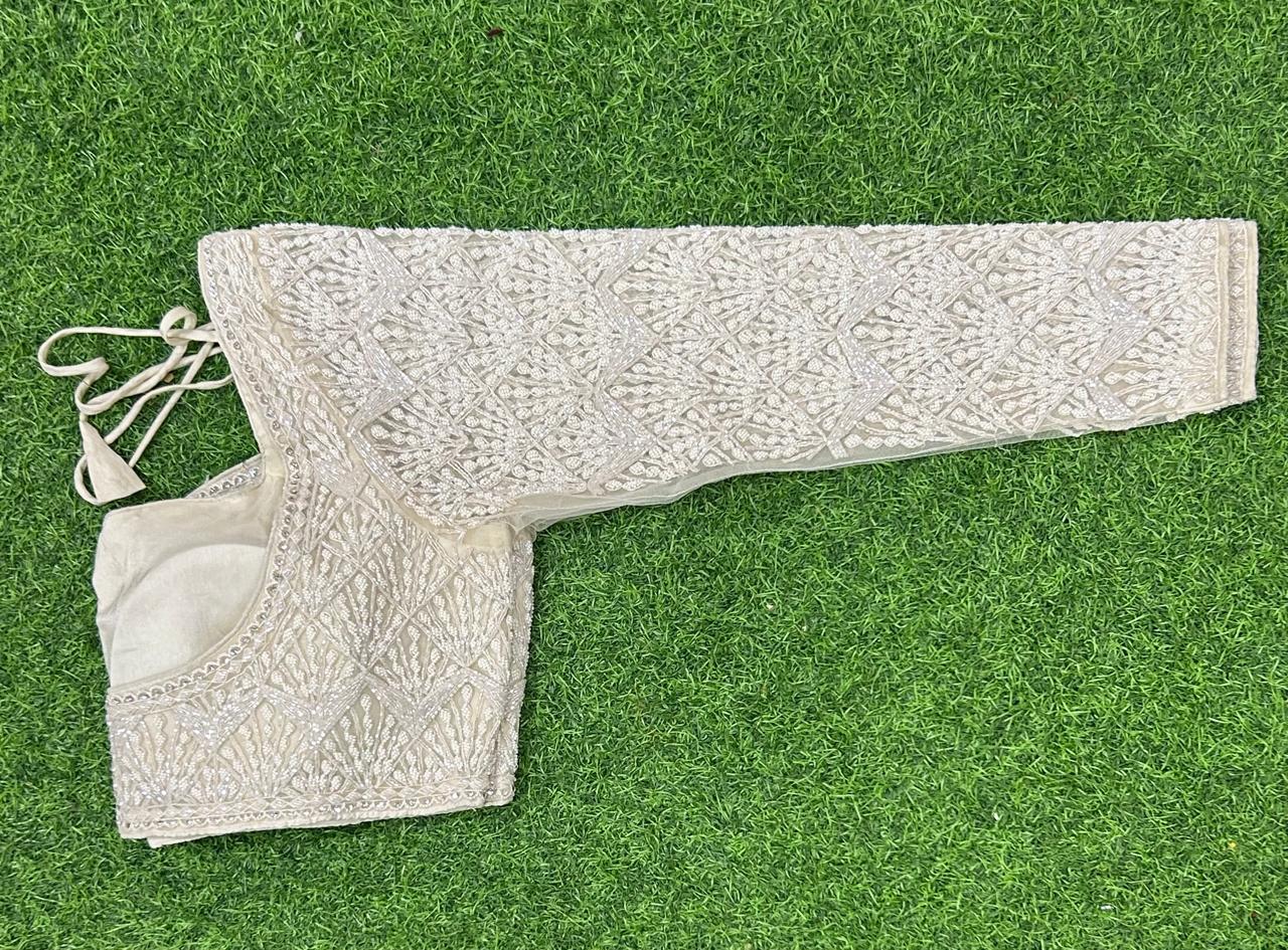 White stitched blouse designer party wear organza saree