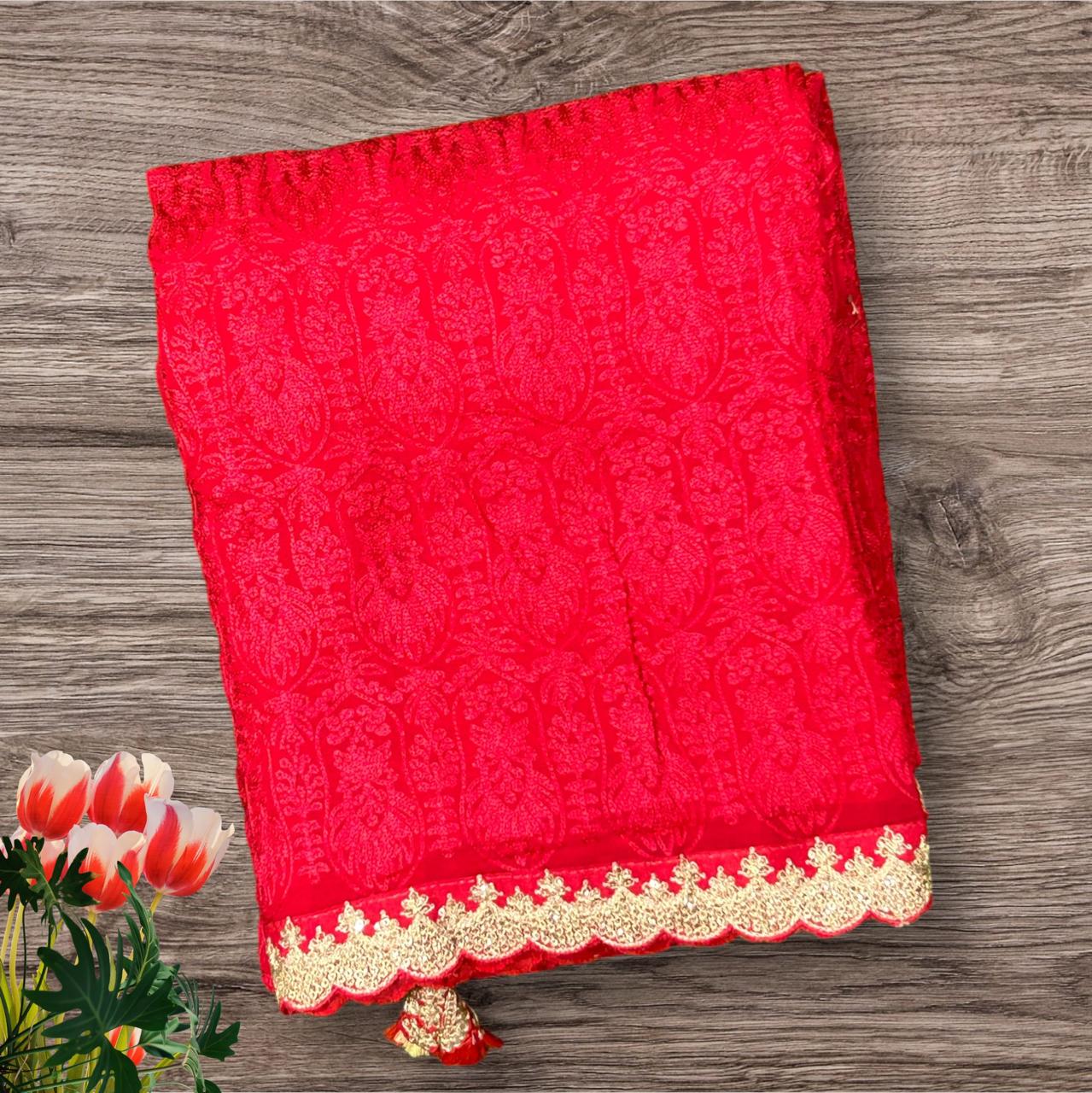 Red chikankari scallop pure georgette saree