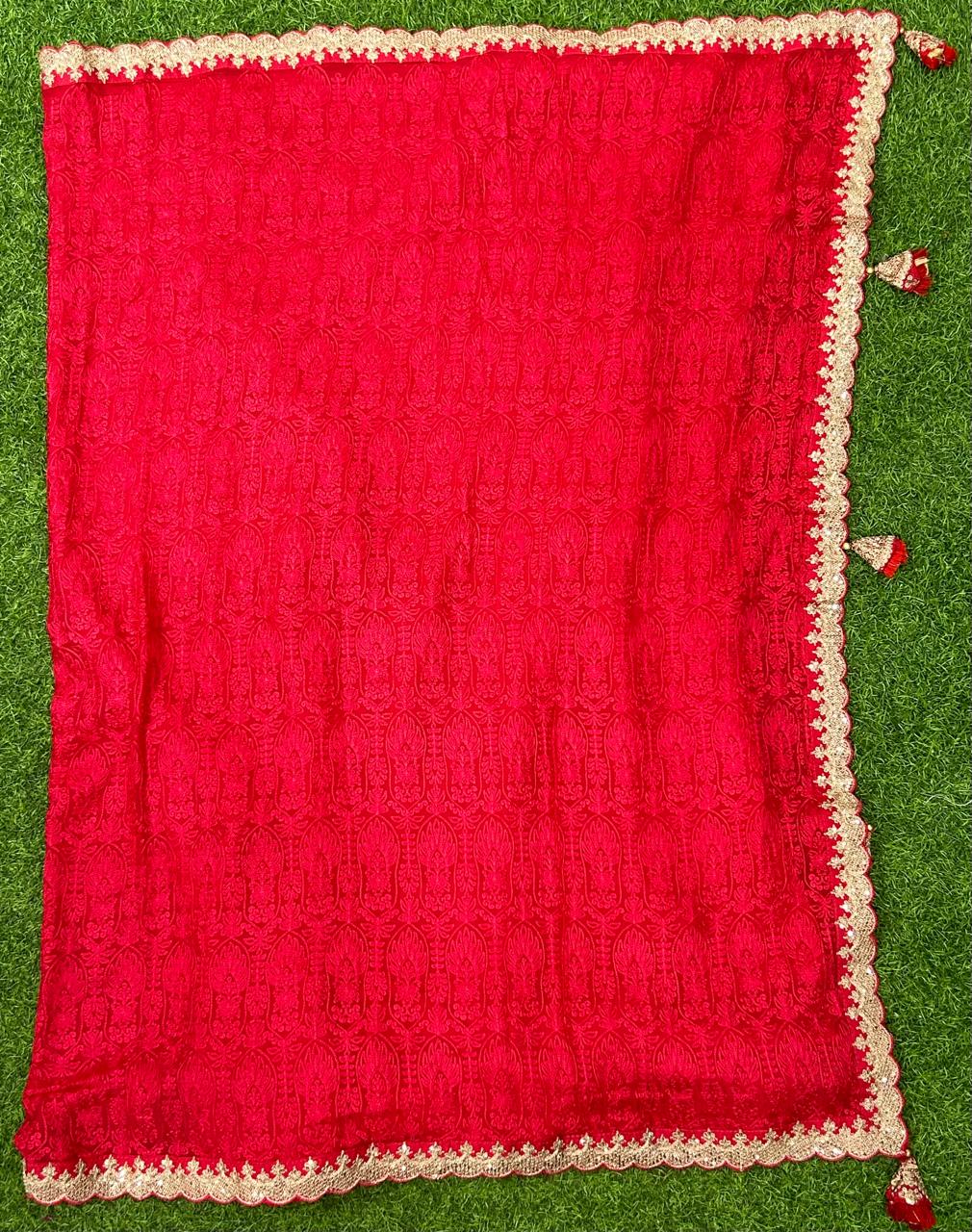 Red chikankari scallop pure georgette saree
