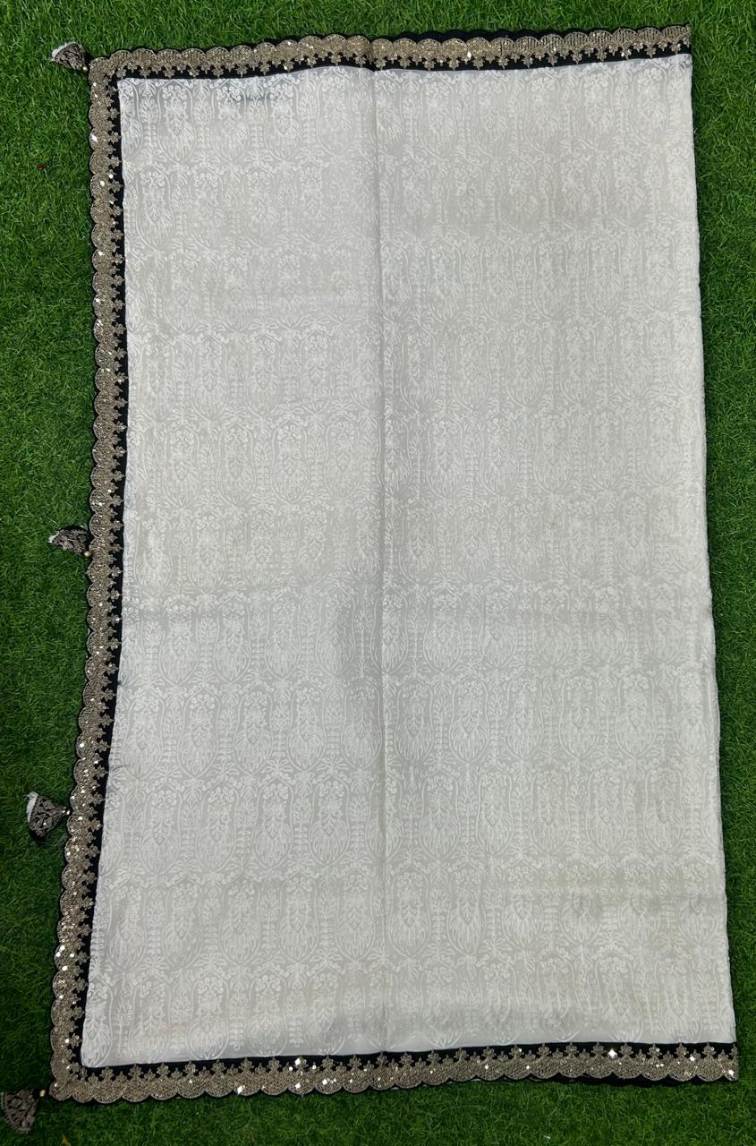 White with black chikankari scallop pure georgette saree