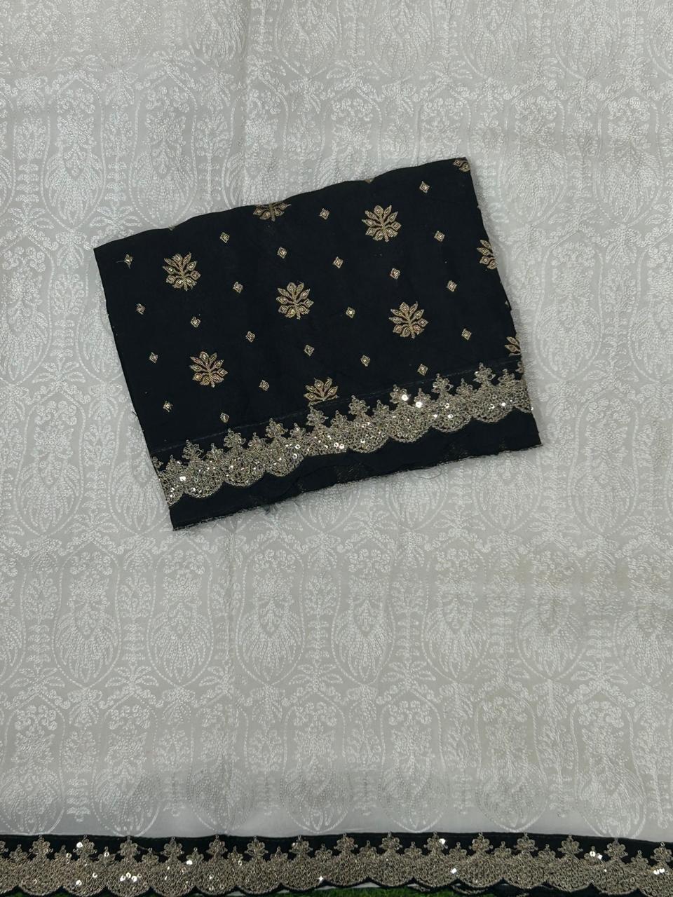 White with black chikankari scallop pure georgette saree