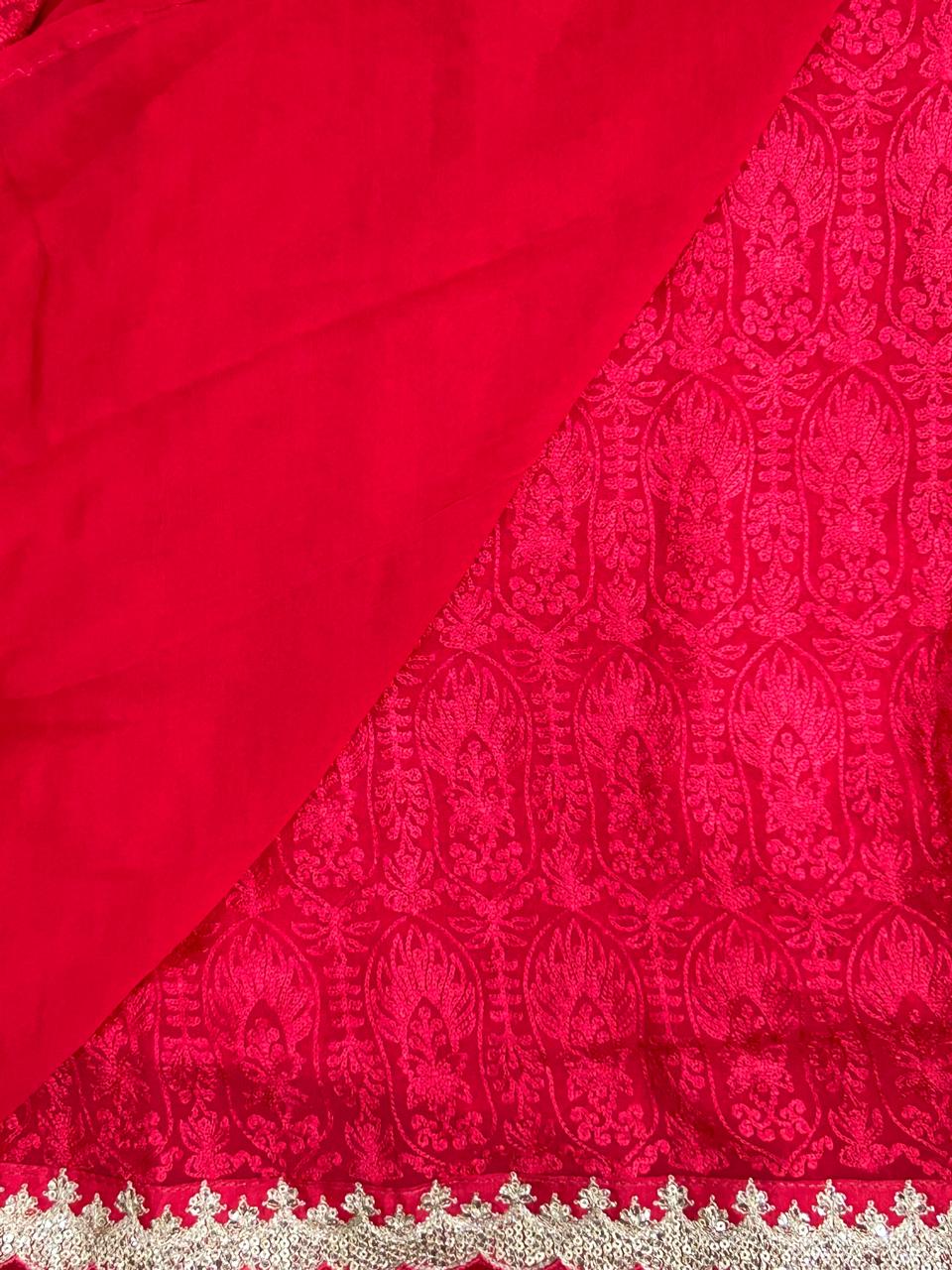 Red chikankari scallop pure georgette saree