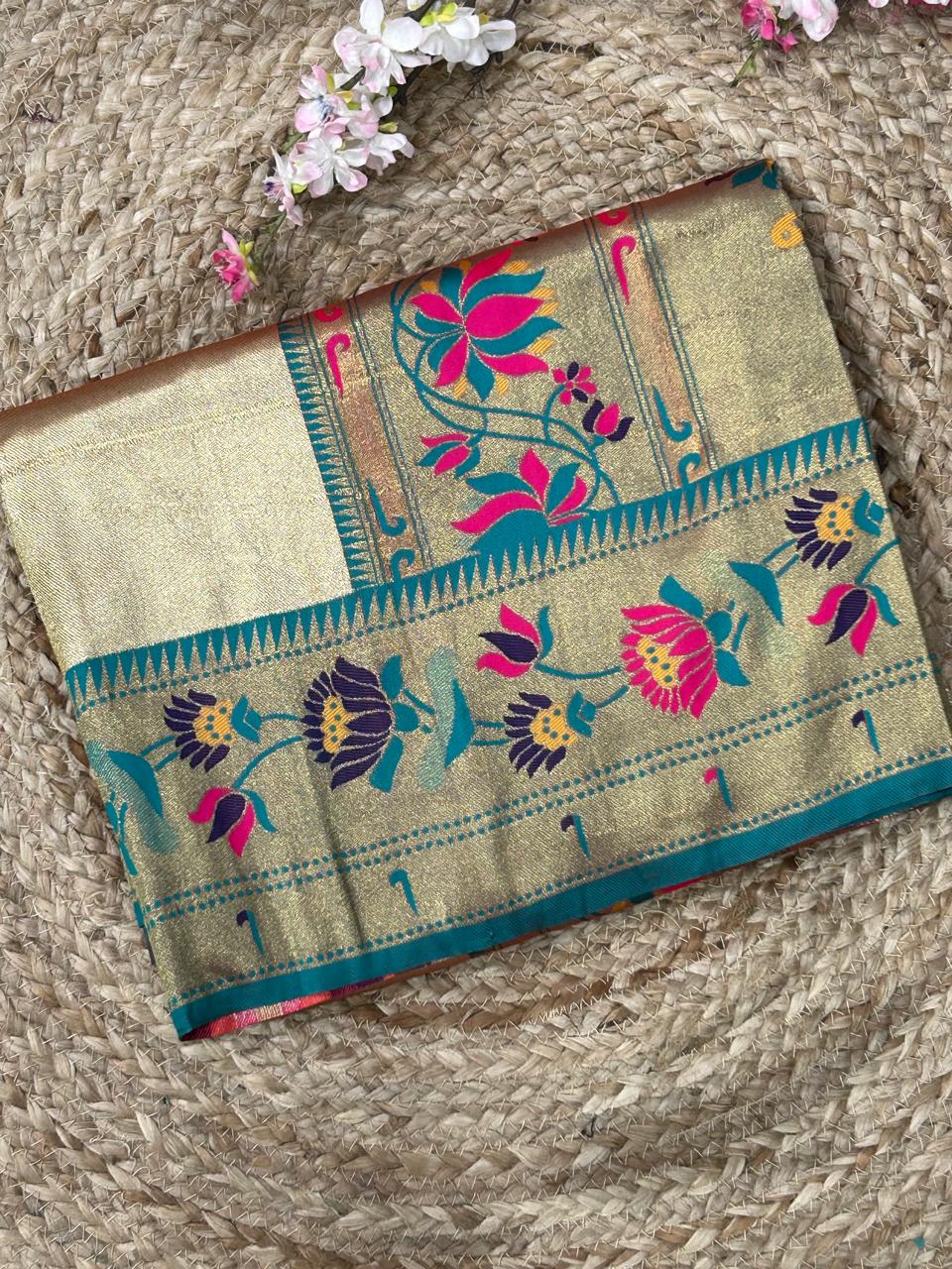 Golden rama blue-01  paithani tissue silk saree