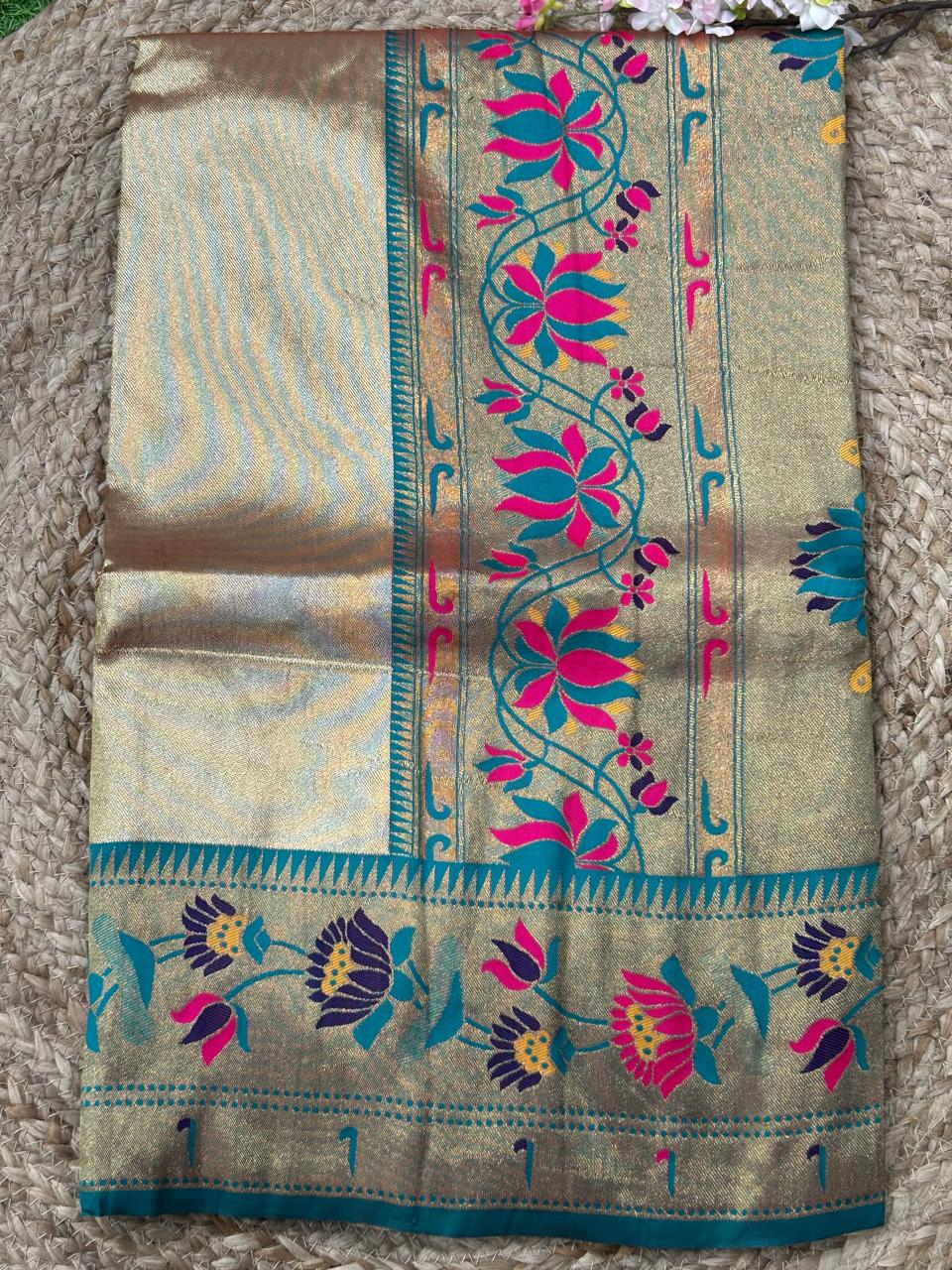 Golden rama blue-01  paithani tissue silk saree