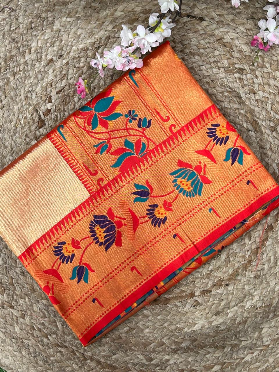 Golden red-01  paithani tissue silk saree