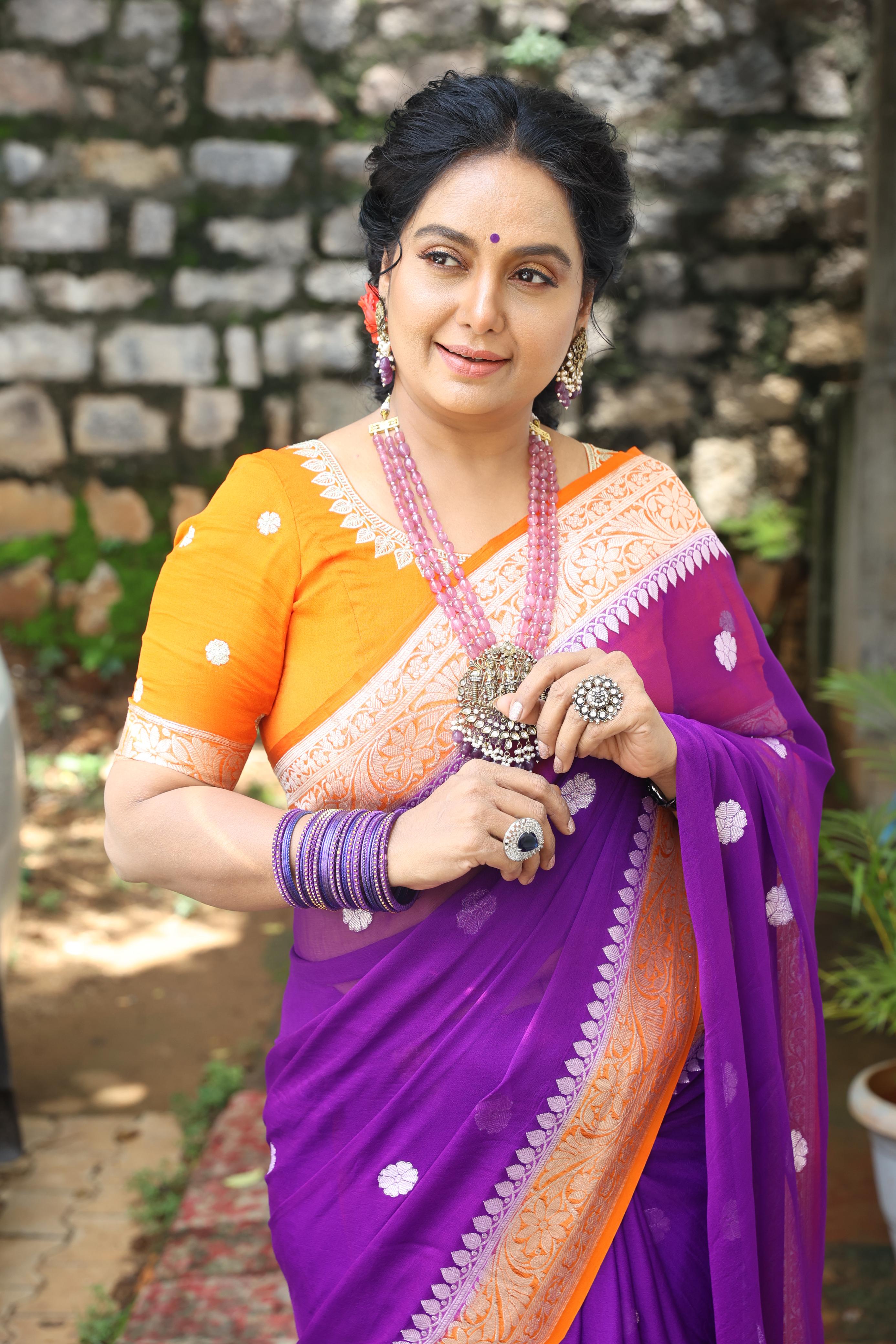 Purple n orange benaras pure khadi chiffon saree