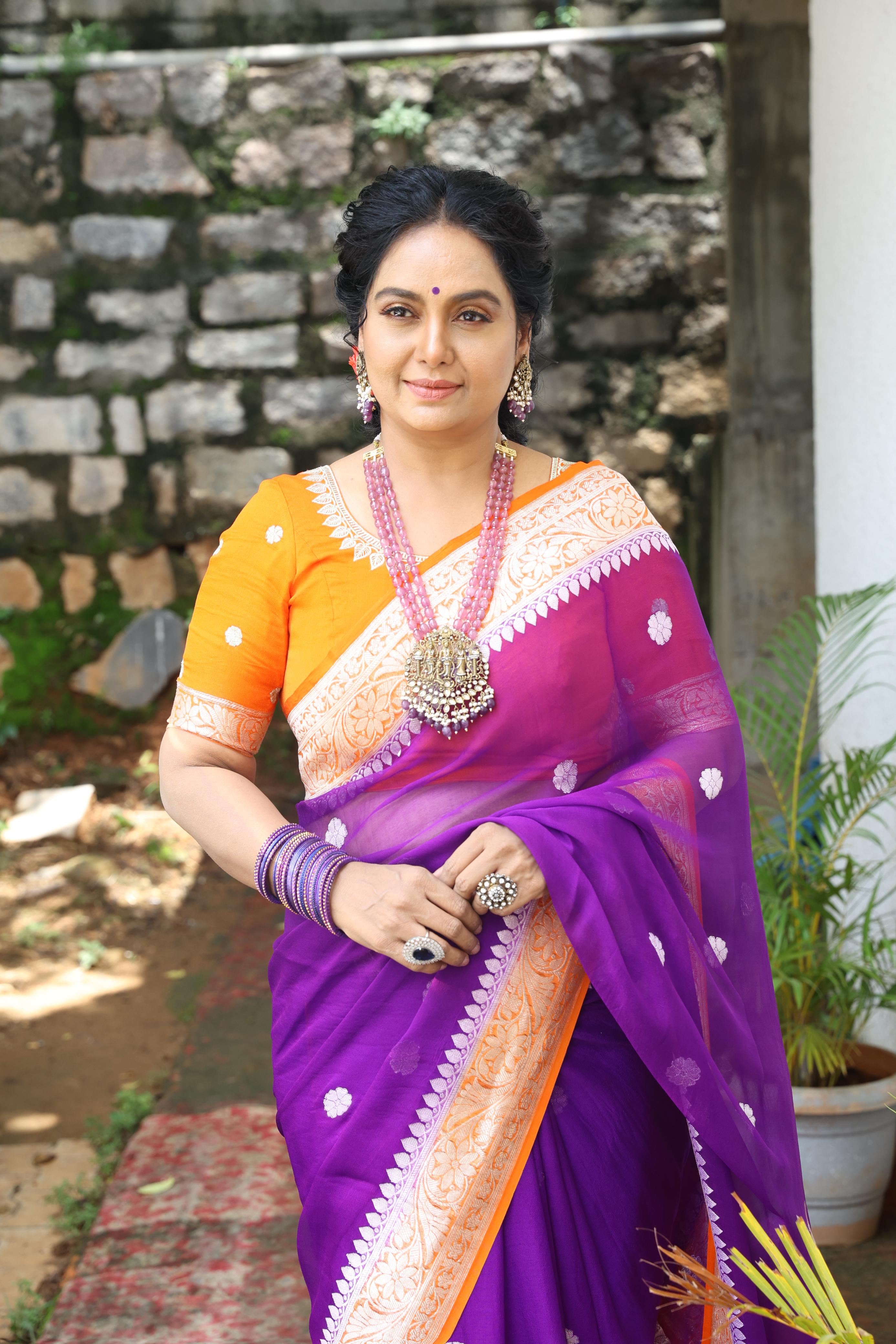 Purple n orange benaras pure khadi chiffon saree